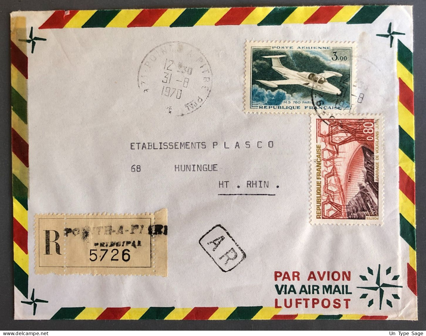 France, Divers Sur Enveloppe De Pointe à Pitre Pour Huningue 31.8.1970 - (W1203) - 1960-.... Lettres & Documents