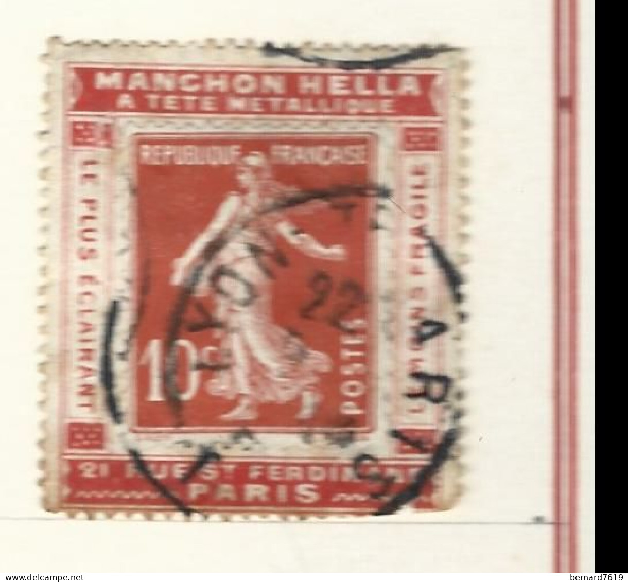 Timbre - Vignette  Porte Timbre -  Semeuse - Manchon Hella  A Tete Metallique - Paris21 Rue Saint Ferdinand - Used Stamps