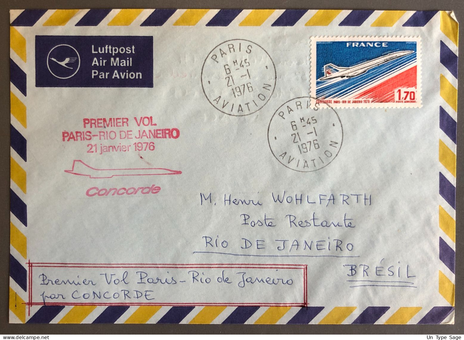 France, Divers Poste Aérienne Sur Enveloppe - Premier Vol CONCORDE Paris / Rio De Janeiro 21.1.1976  - (W1218) - First Flight Covers