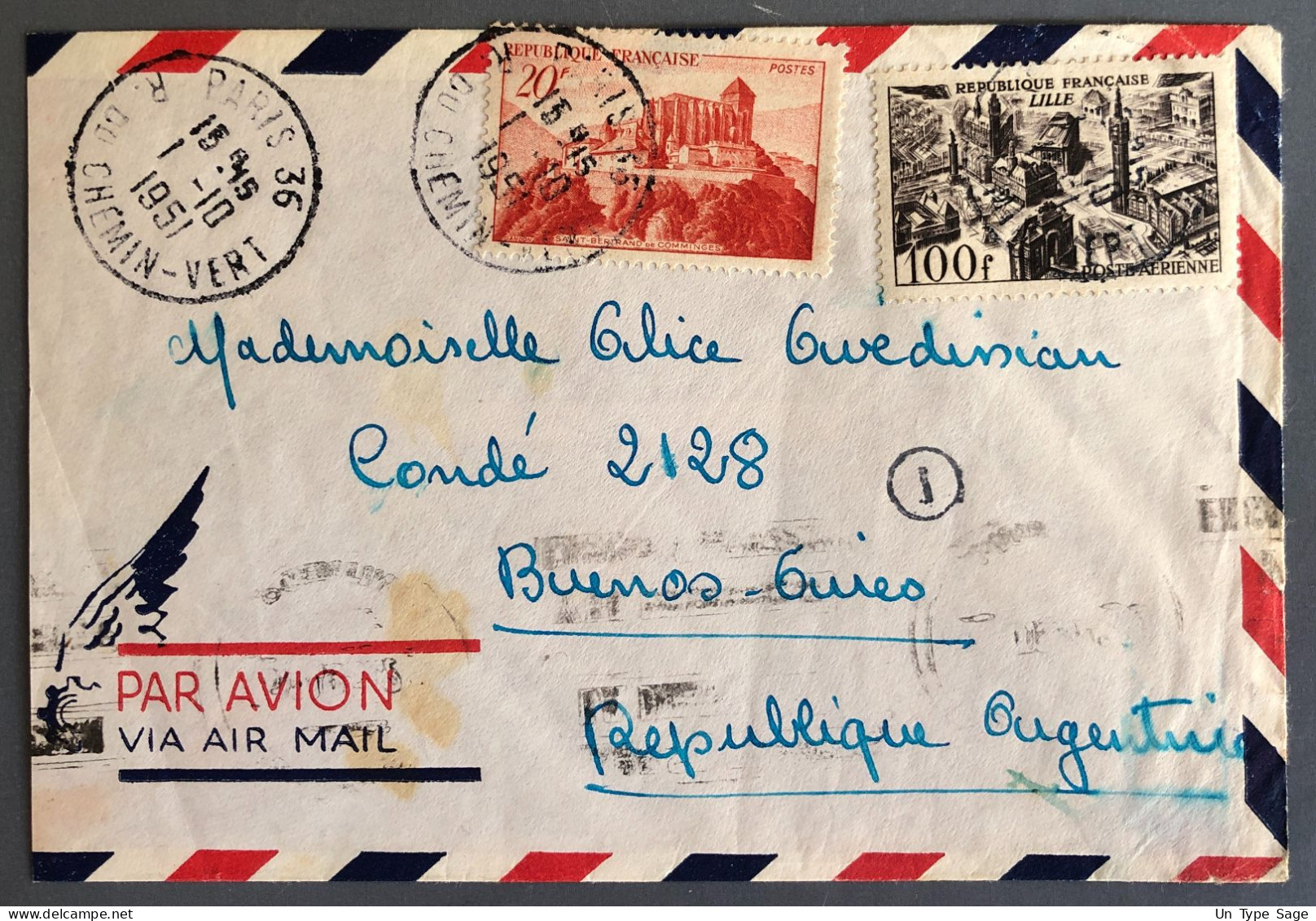 France, Divers Poste Aérienne Sur Enveloppe, De Paris 1.10.1951 Pour Buenos Aires, Argentine  - (W1234) - 1927-1959 Briefe & Dokumente