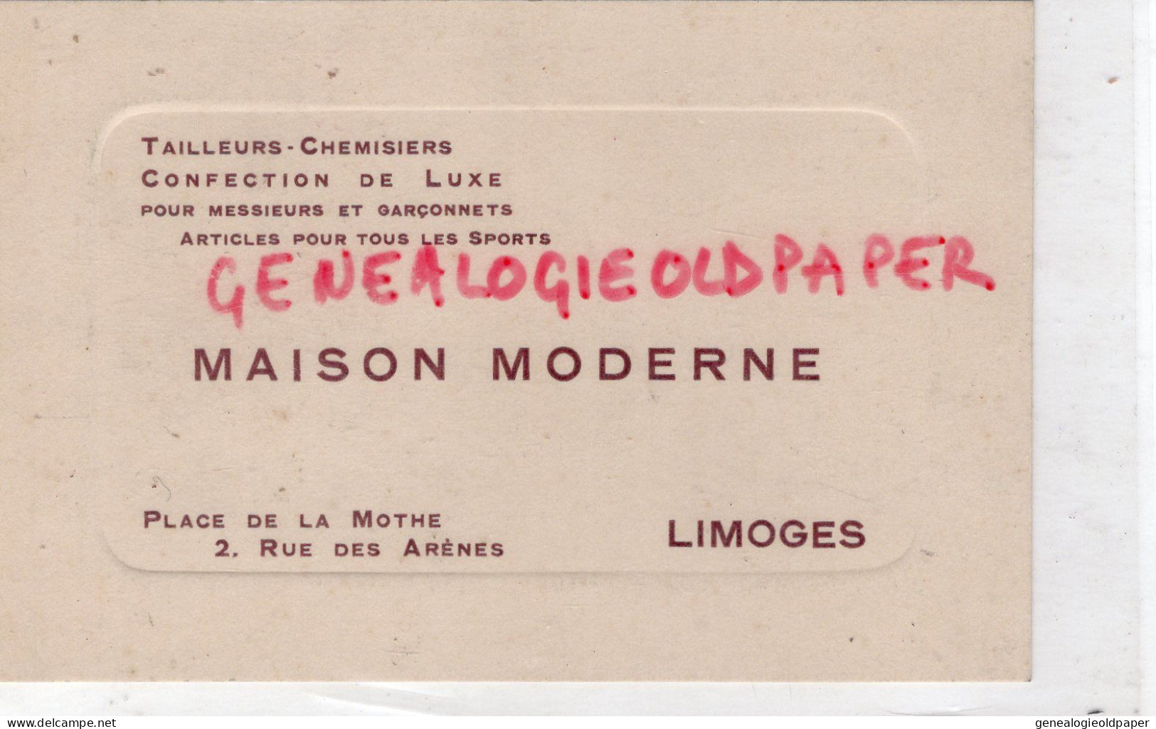 87-LIMOGES-MAGASIN VETEMENTS MAISON MODERNE- TAILLEUR- PLACE DE LA MOTHE- MOTTE- 2 RUE DES ARENES - Textile & Clothing