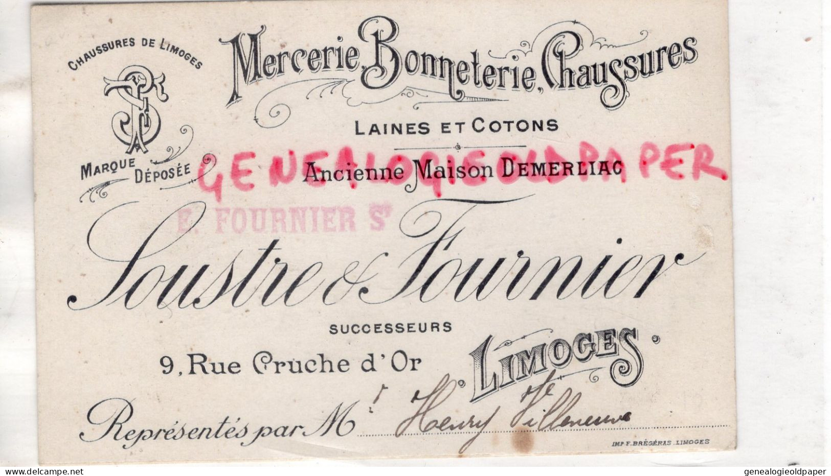 87-LIMOGES-MAGASIN VETEMENTS MERCERIE-BONNETERIE-DEMERLIAC- SOUSTRE & FOURNIER- 9 RUE CRUCHE D' OR -HENRY VILLENEUVE - Textilos & Vestidos