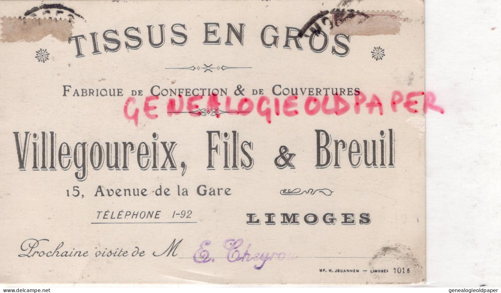 87-LIMOGES-MAGASIN VETEMENTS TISSUS- VILLEGOUREIX FILS & BREUIL- 15 AVENUE DE LA GARE - Textile & Vestimentaire