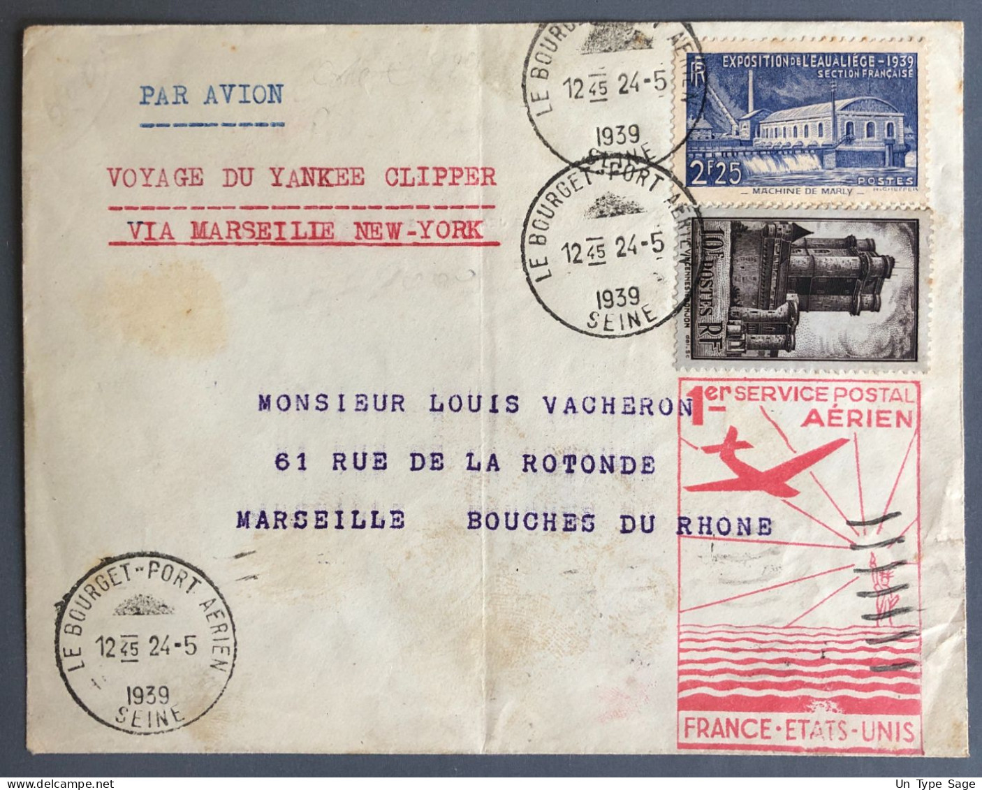 France, Divers Sur Enveloppe, Premier Service Postal Aérien France / Etats-Unis 1939  - (W1237) - Erst- U. Sonderflugbriefe