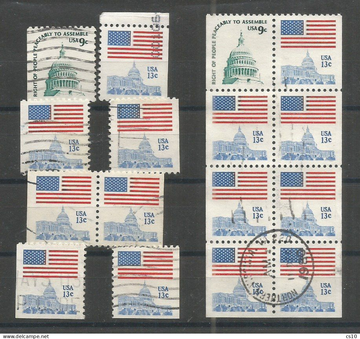USA 1975 Americana C.9+c.13 Perf.11 Cpl Booklet Issue . Booklet Pane Used 1980 + Pair + L/R On 2/3 Sides Incl. Upper Pcs - Errors, Freaks & Oddities (EFOs)