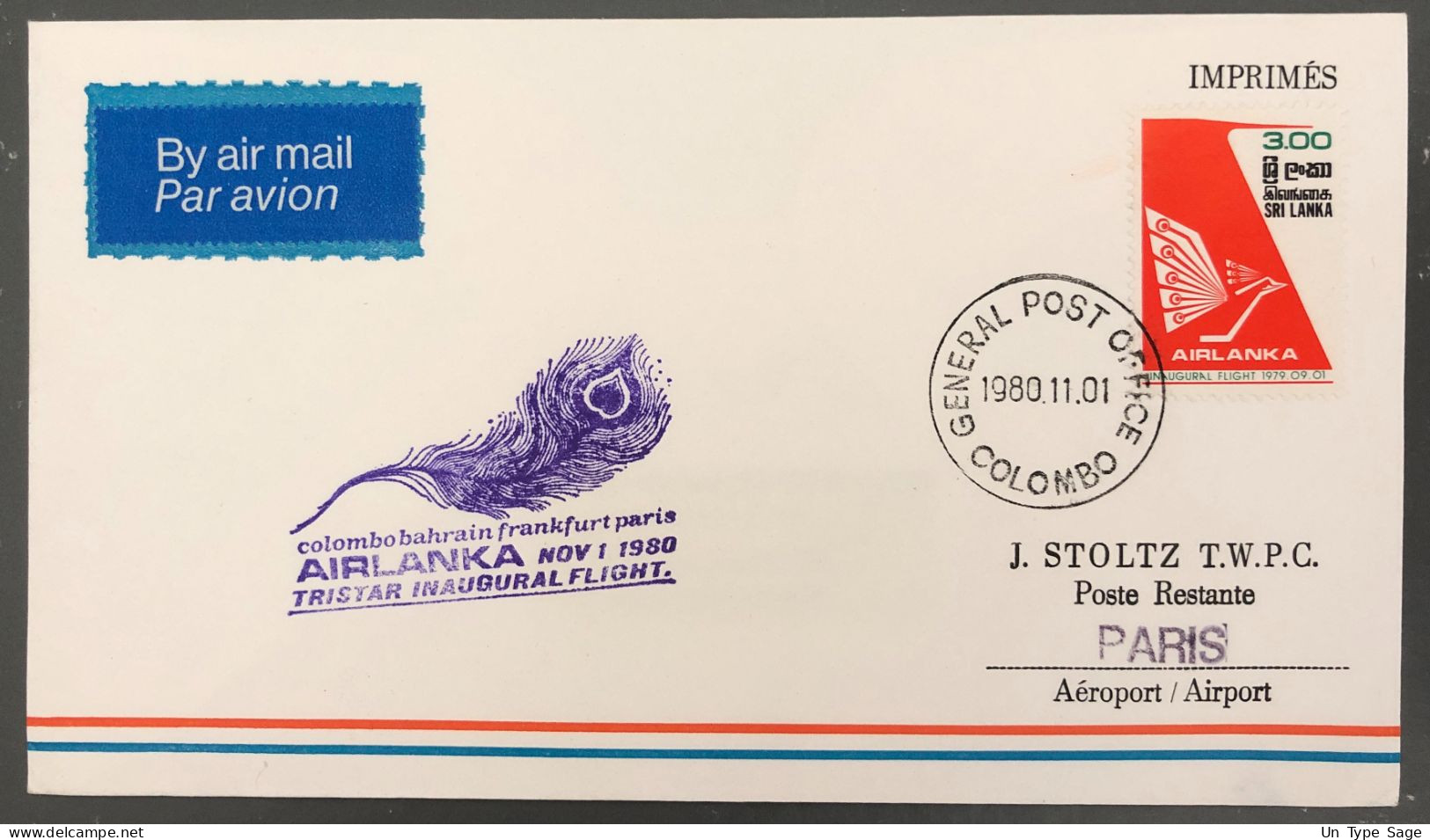 Sri Lanka, Divers Sur Enveloppe, Vol Inaugural Colombo / Paris 1.11.1980 - (B1590) - Sri Lanka (Ceilán) (1948-...)