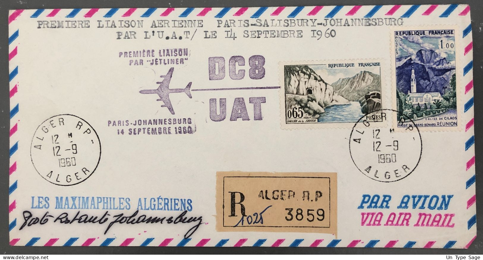 France, Premier Vol PARIS / SALISBURY / JOHANNESBURG Sur Enveloppe 14.9.1960 Par DC8 - (B1594) - First Flight Covers