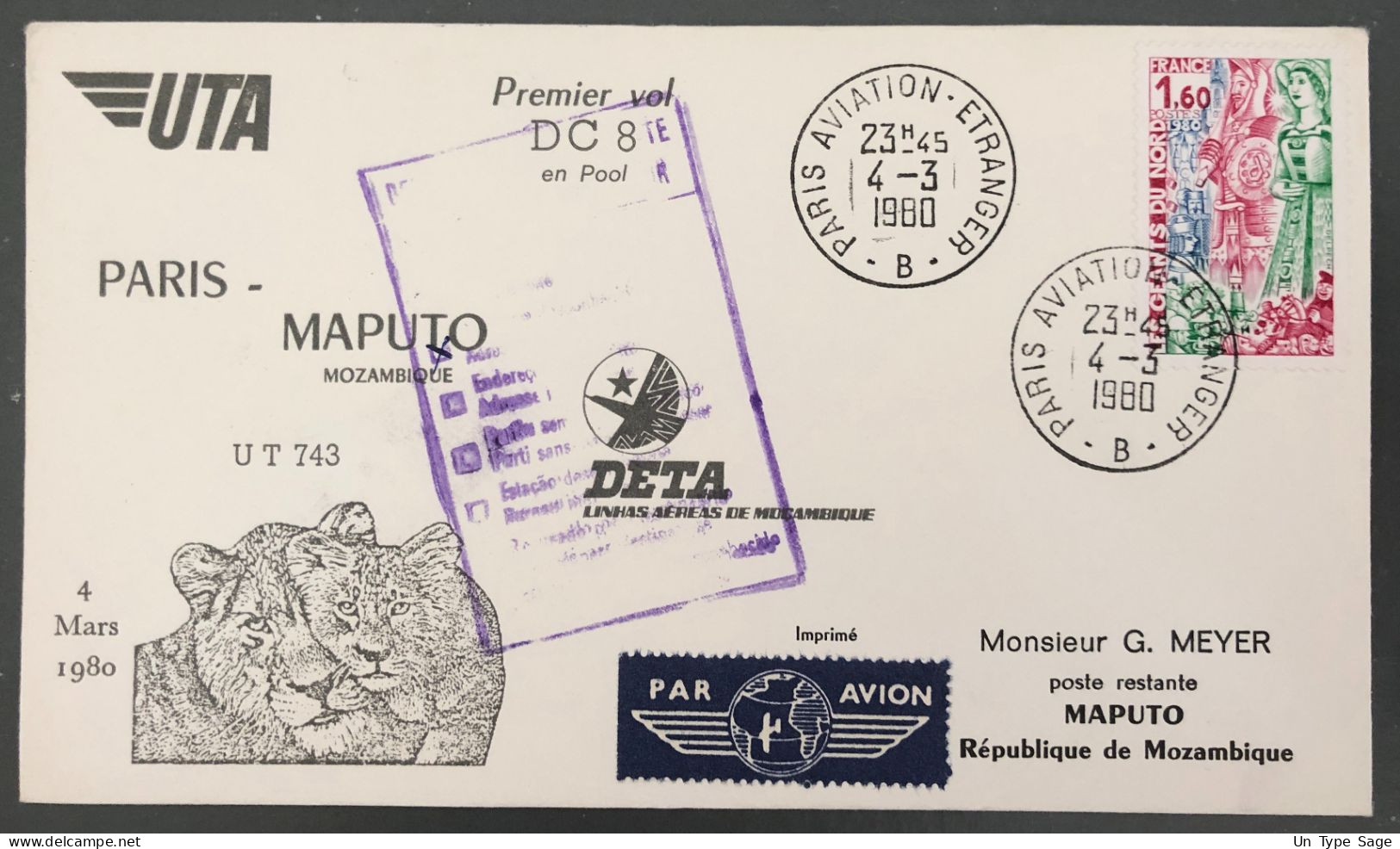 France, Divers Sur Enveloppe, Premier Vol (DC8) PARIS / MAPUTO 4.3.1980 - (B1597) - First Flight Covers