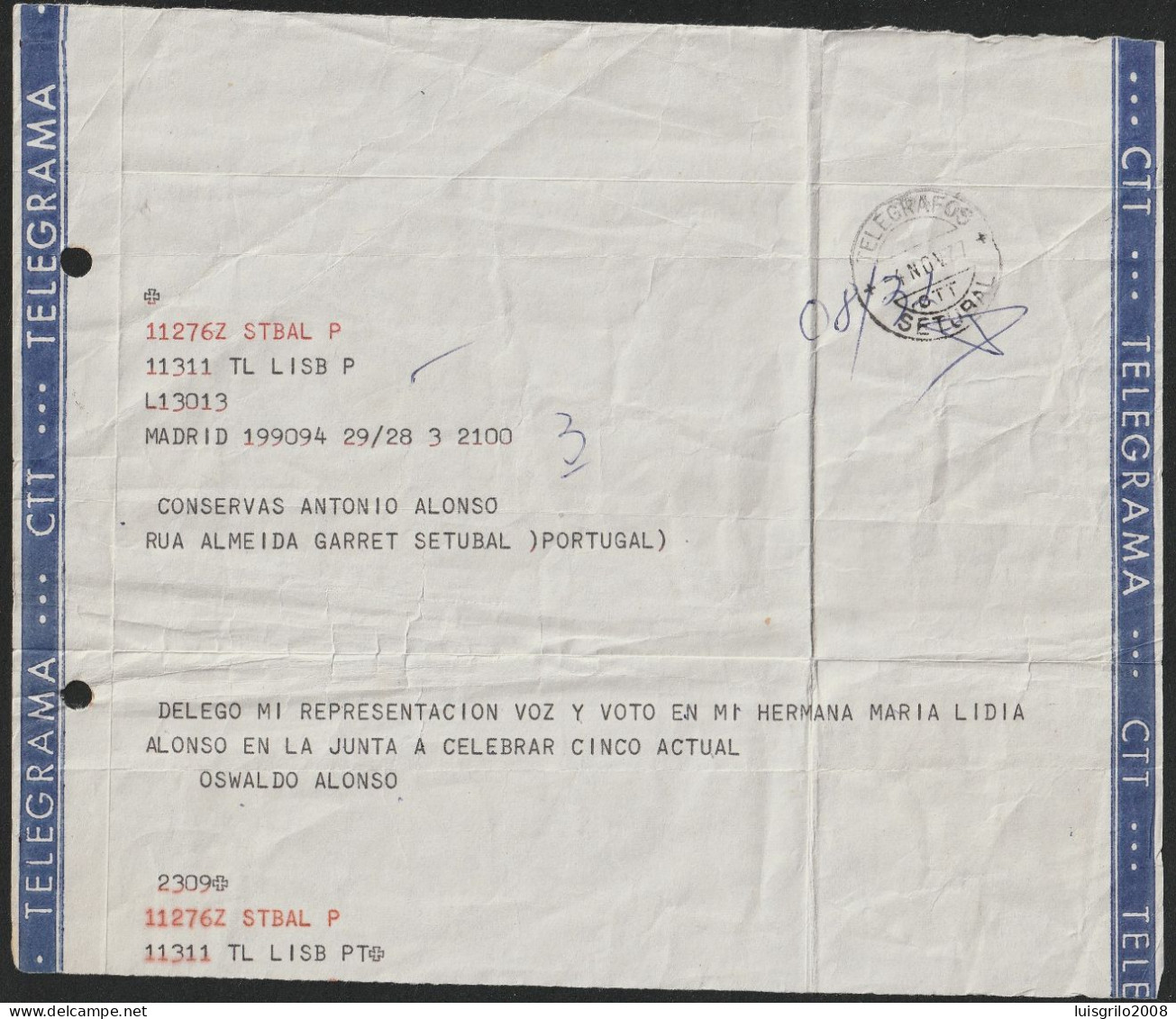 Telegram/ Telegrama International - Madrid > Conservas António Alonso, Setúbal -|- Postmark - TELEGRAFOS. Setúbal. 1977 - Briefe U. Dokumente