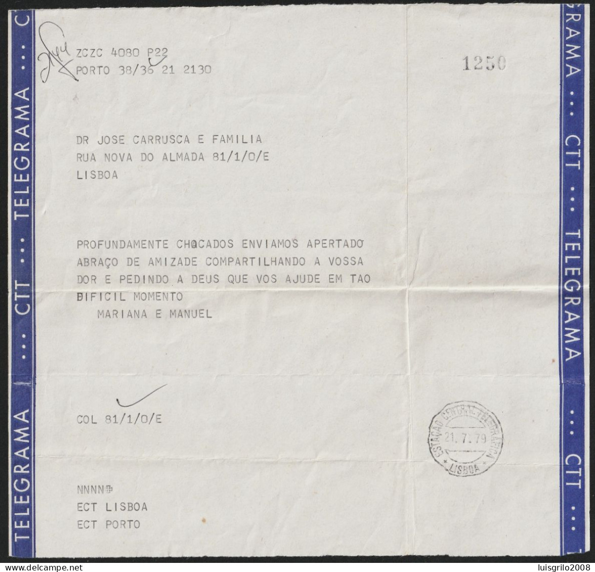 Telegram/ Telegrama - Porto > Lisboa -|- Postmark - ESTAÇÃO CENTRAL TELEGRÁFICA. LISBOA. 1979 - Briefe U. Dokumente