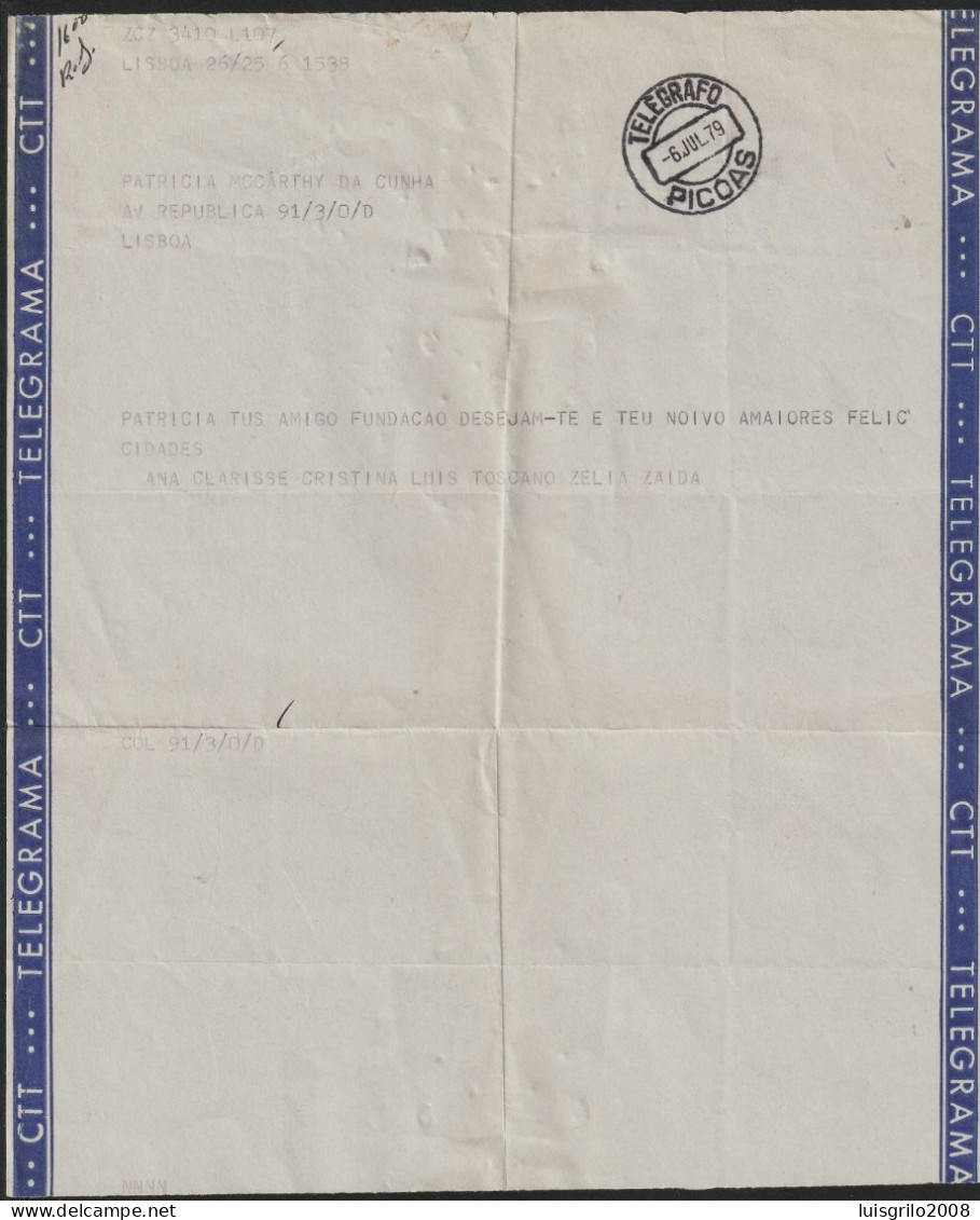 Telegram/ Telegrama - Av. República > Picoas, Lisboa -|- Postmark - TELEGRAFO. Picoas. 1979 - Lettres & Documents