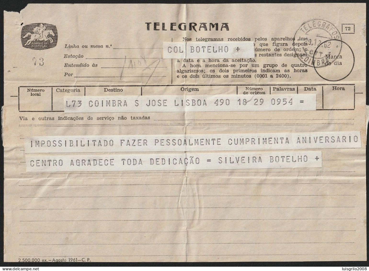 Telegram/ Telegrama - Lisboa > Coimbra -|- Postmark - TELEGRAFOS. Coimbra. 1962 - Covers & Documents