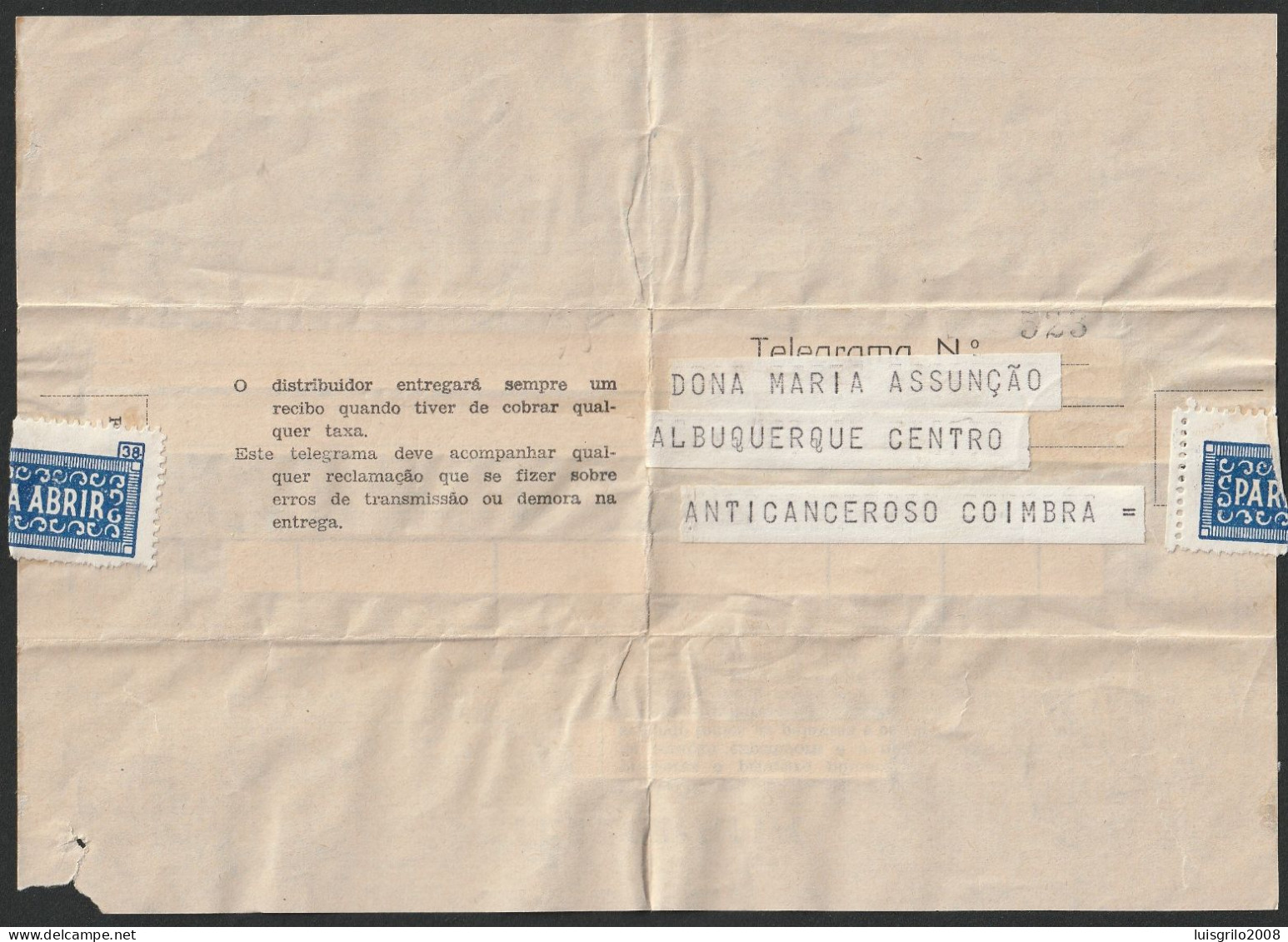 Telegram/ Telegrama - Lisboa > Coimbra -|- Postmark - TELEGRAFOS. Coimbra. 1962 - Briefe U. Dokumente