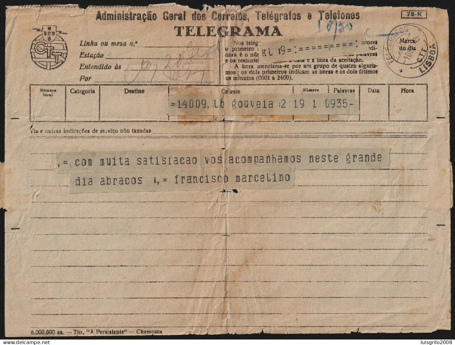 Telegram/ Telegrama - Gouveia > Lisboa-|- Postmark - TELEGRAFOS. Lisboa. 1945 - Covers & Documents