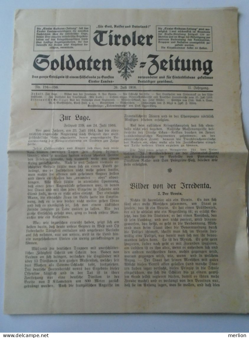 ZA478.12  Tiroler Soldaten Zeitung  26 Juli 1916 WWI  Letze Krieg  -Grande Guerre -World War I Newspaper  Tirol Austria - Alemán