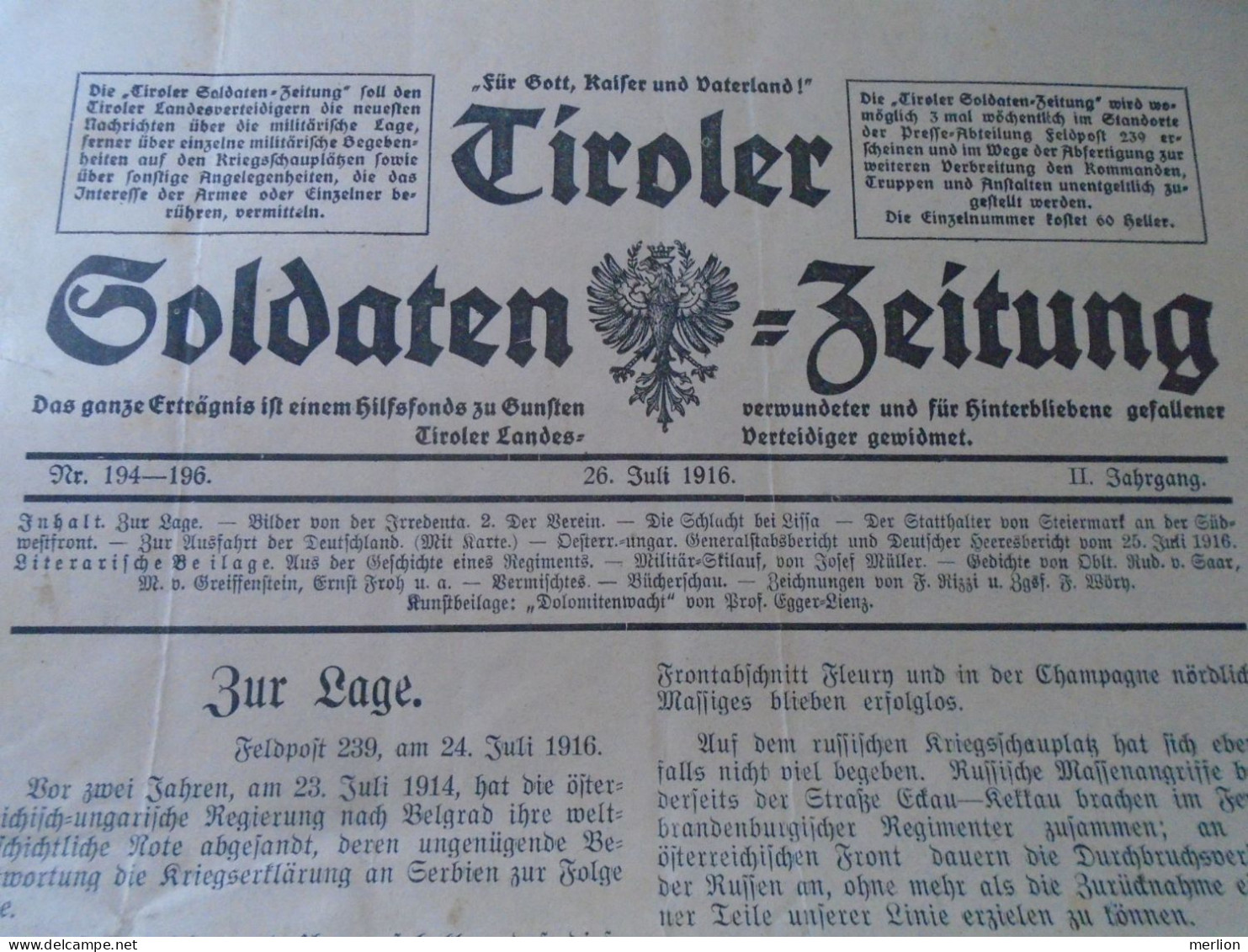 ZA478.12  Tiroler Soldaten Zeitung  26 Juli 1916 WWI  Letze Krieg  -Grande Guerre -World War I Newspaper  Tirol Austria - German