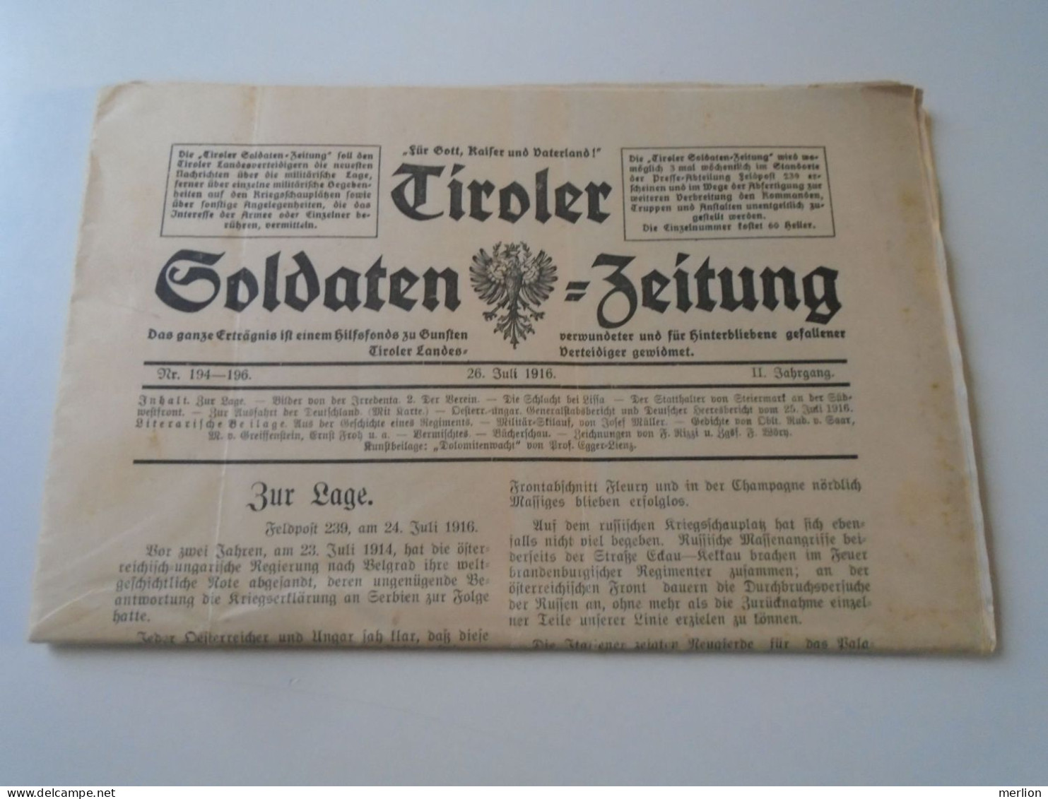 ZA478.12  Tiroler Soldaten Zeitung  26 Juli 1916 WWI  Letze Krieg  -Grande Guerre -World War I Newspaper  Tirol Austria