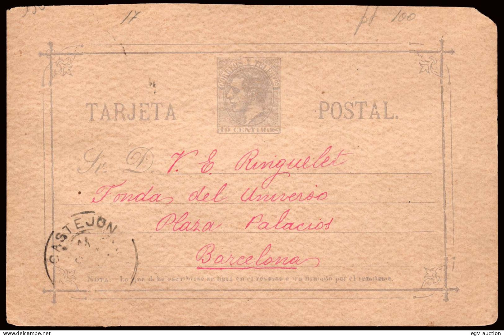 Navarra - Edi O EP 11 - Entero Postal Mat Trébol "Castejón" A Barcelona - 1850-1931