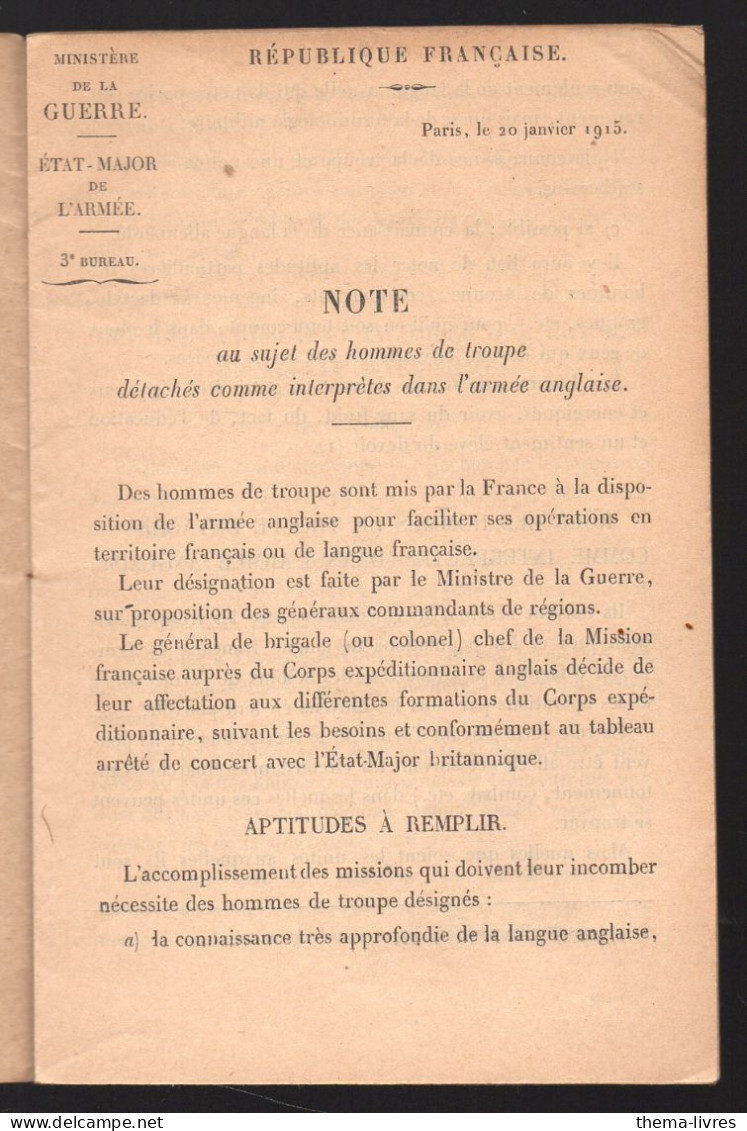 (militaria)  Note Au Sujet Des Hommes De Troupe Détachés Comme ,interprètes Ds L'armée Anglaise  (PPP45913) - French