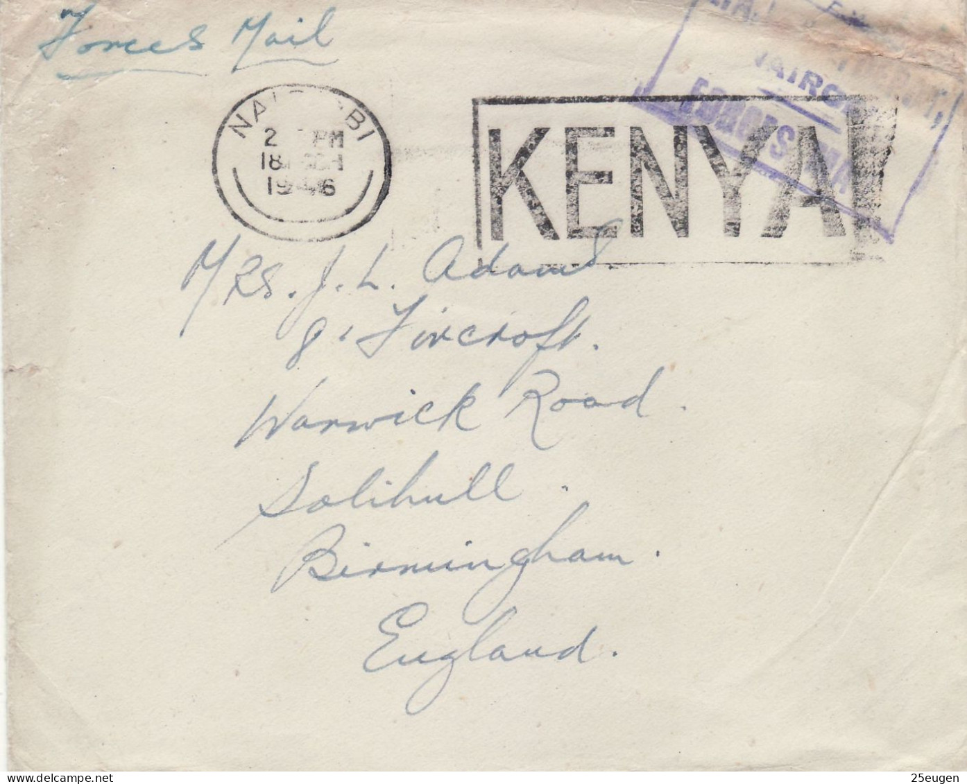 KENYA 1946 LETTER SENT FROM NAIROBI TO BIRMINGHAM - Kenya & Ouganda