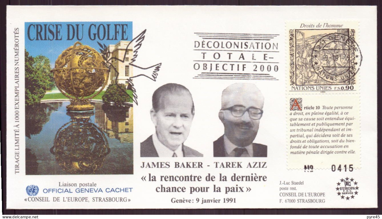 Nations-Unies, Enveloppe Du 9 Janvier 1991 à Genève " Crise Du Golfe " - Sonstige & Ohne Zuordnung