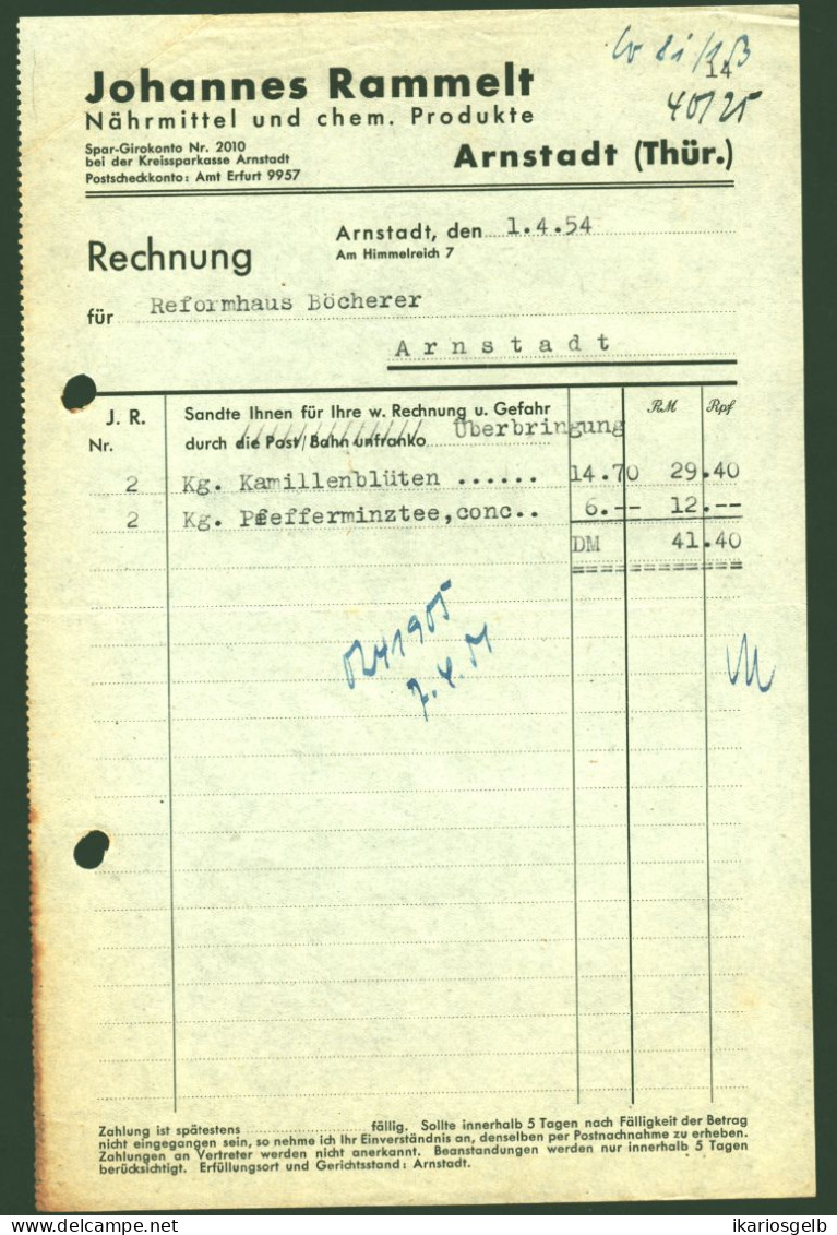 Arnstadt Thüringen 1954 Rechnung " Johannes Rammelt Nährmittel U Chemische Produkte " - Alimentos