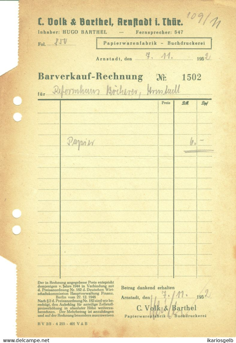 Arnstadt Thüringen 1952 Rechnung " C.Volk & Barthel Papierwarenfabrik U Buchdruckerei " - Printing & Stationeries