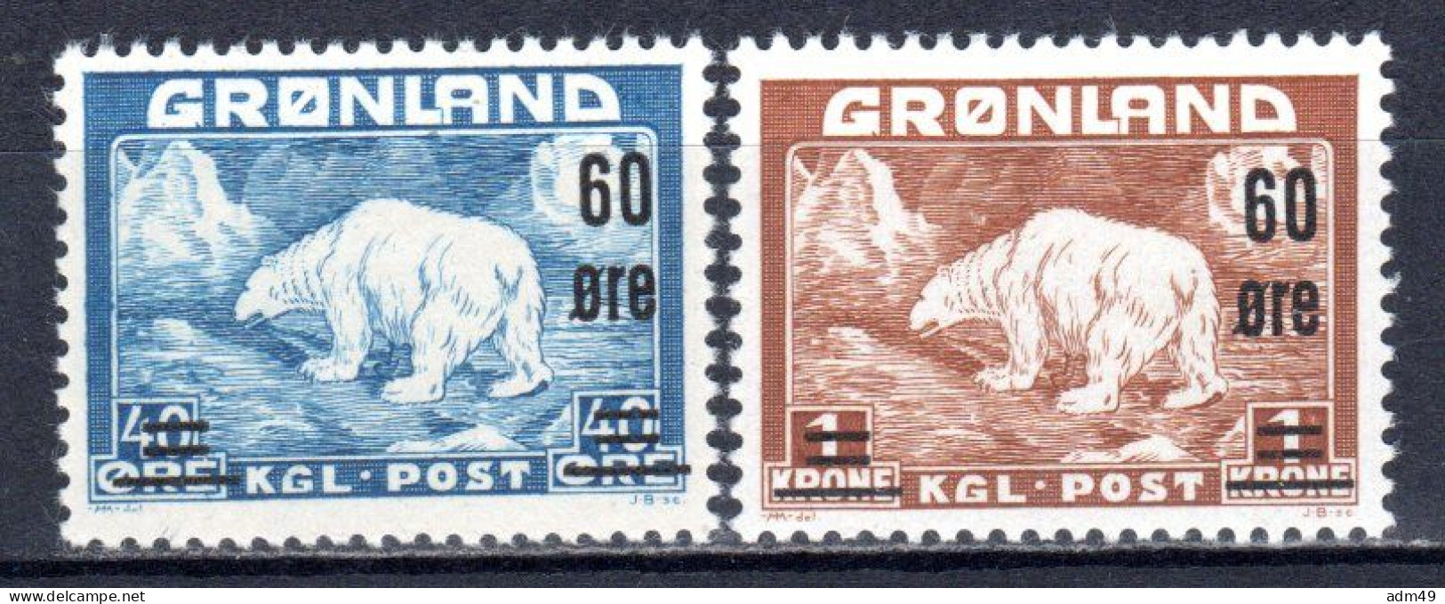 GRÖNLAND, 1956, Freimarken Eisbär Neuer Wertaufdruck, Postfrisch ** - Usati