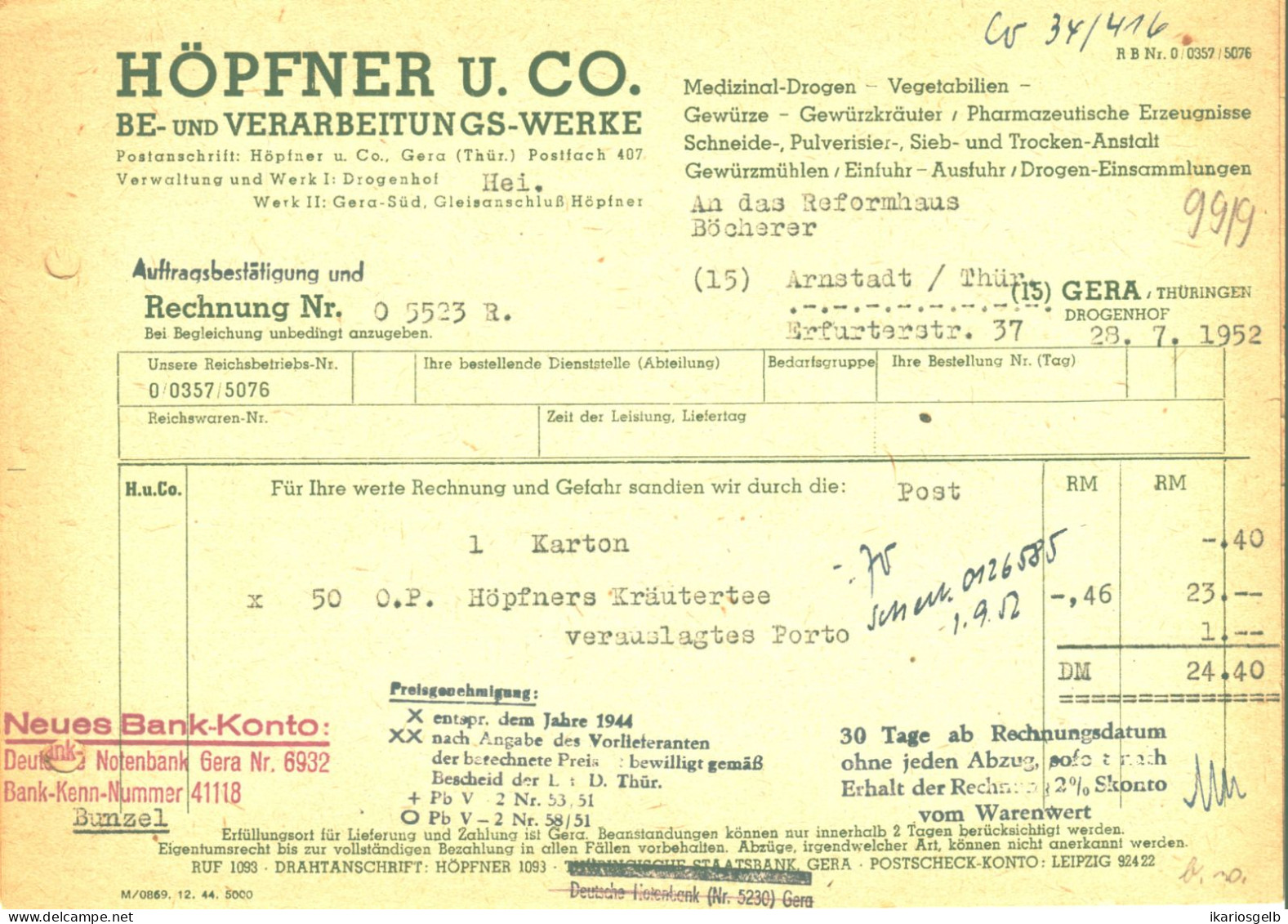 Gera Thüringen 1952 Rechnung " Höpfner & Co Drogenhof Gewürze Pharmazie Gewürzmühle Pulverisierung " - Levensmiddelen