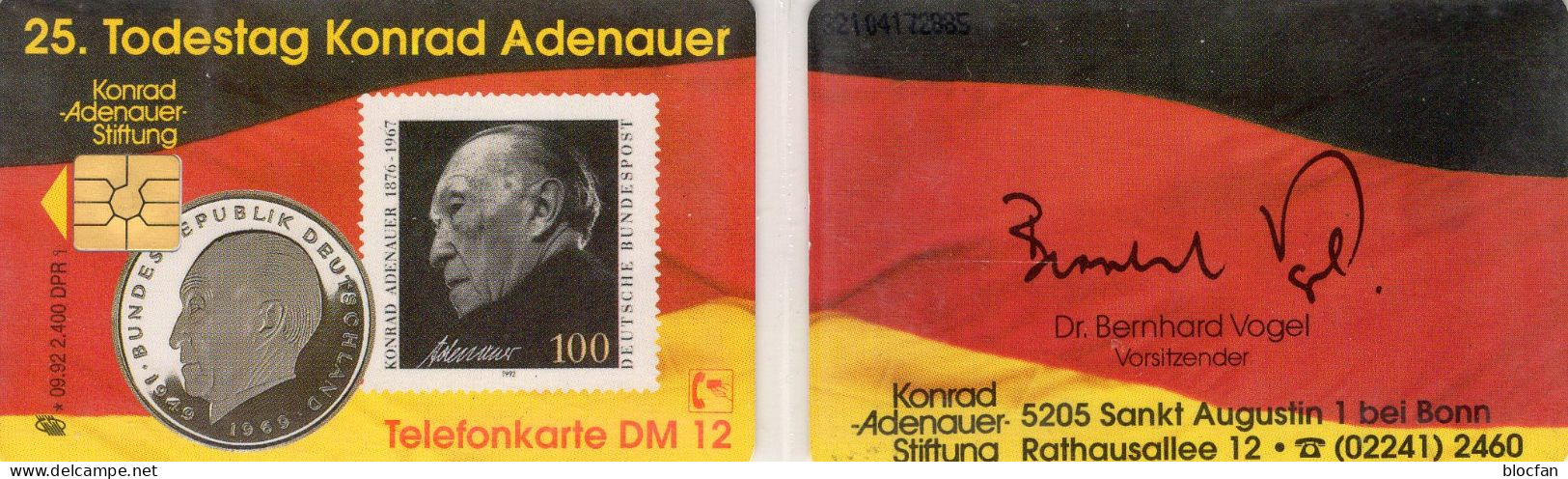 Adenauer-Siftung VIP TK N*/1992 O 40€ 2.400Expl.(O 258) 25.Todestag Bundeskanzler Coin 2DM TC Stamp On Phonecard Germany - Postzegels & Munten