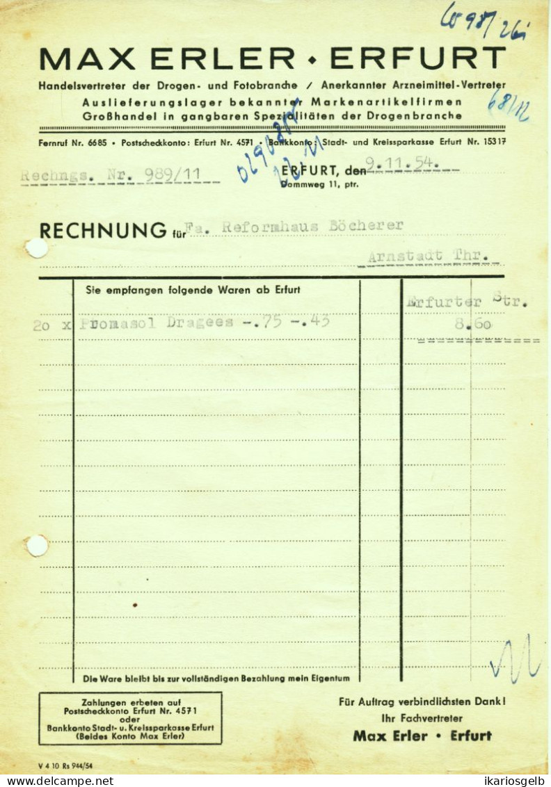 Erfurt Thüringen 1954 Rechnung "Max Erler Großhandel Drogen Fotoartikel Arzneimittel " - Drogerie & Parfümerie