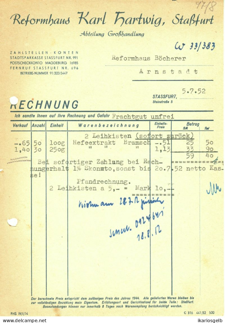 Stassfurt Staßfurt 1952 Rechnung " Reformhaus Karl Hartwig Reform-Großhandlung " - Chemist's (drugstore) & Perfumery