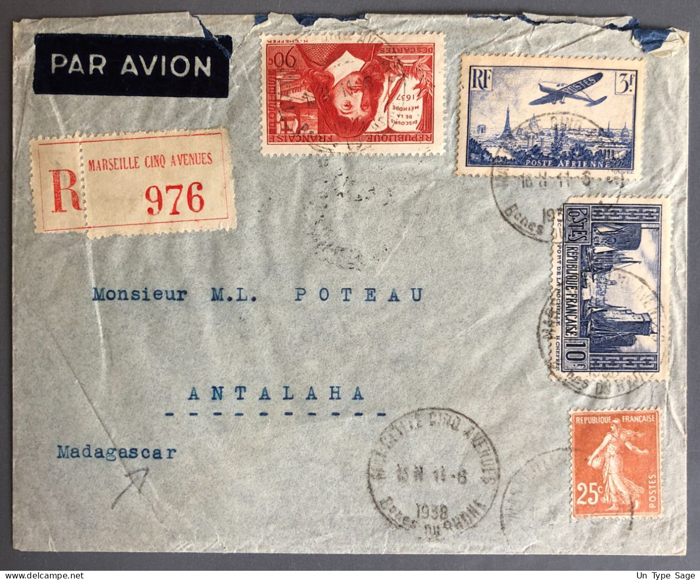 France, Divers Sur Enveloppe De Marseille 11.6.1938 Pour ANTALAHA, Madagascar - (W1253) - 1927-1959 Covers & Documents
