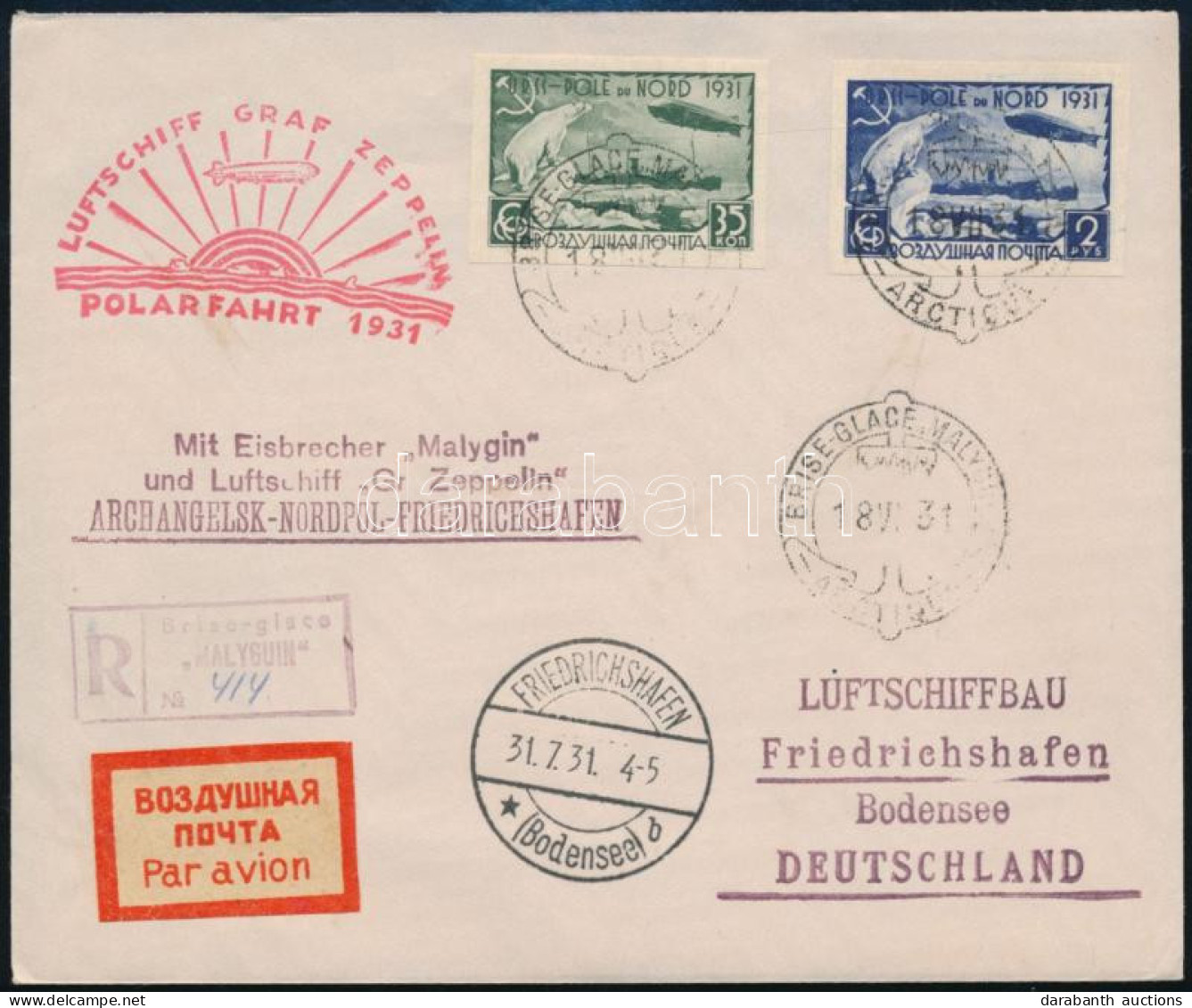 Szovjetunió 1931 Ajánlott Zeppelin Levél A Malyguin Jégtörő Hajó Bélyegzésével Berlinbe "LUFTSCHIFF GRAF ZEPPELIN / POLA - Other & Unclassified