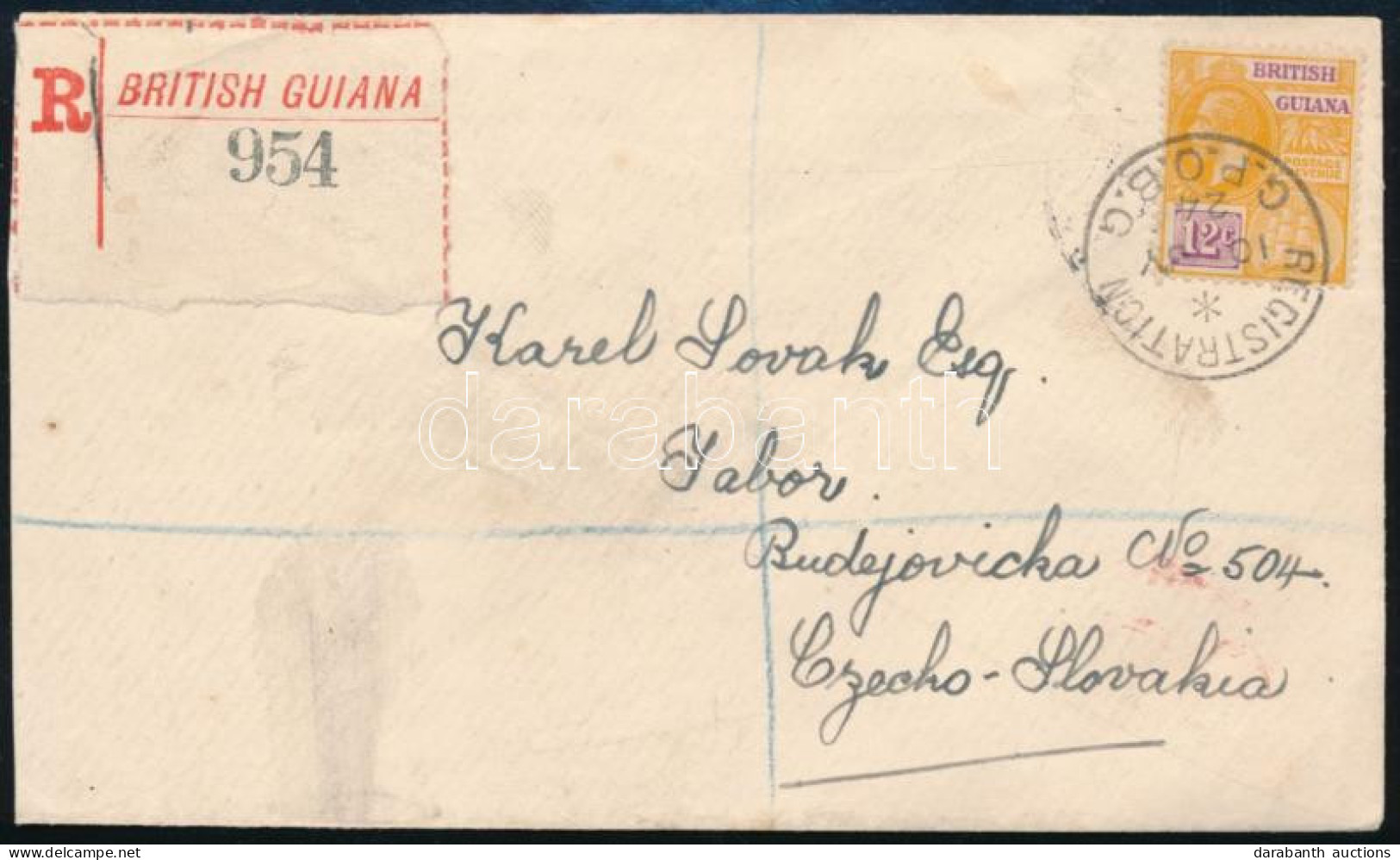 Brit Guyana 1924 Ajánlott Levél Csehszlovákiába - Autres & Non Classés