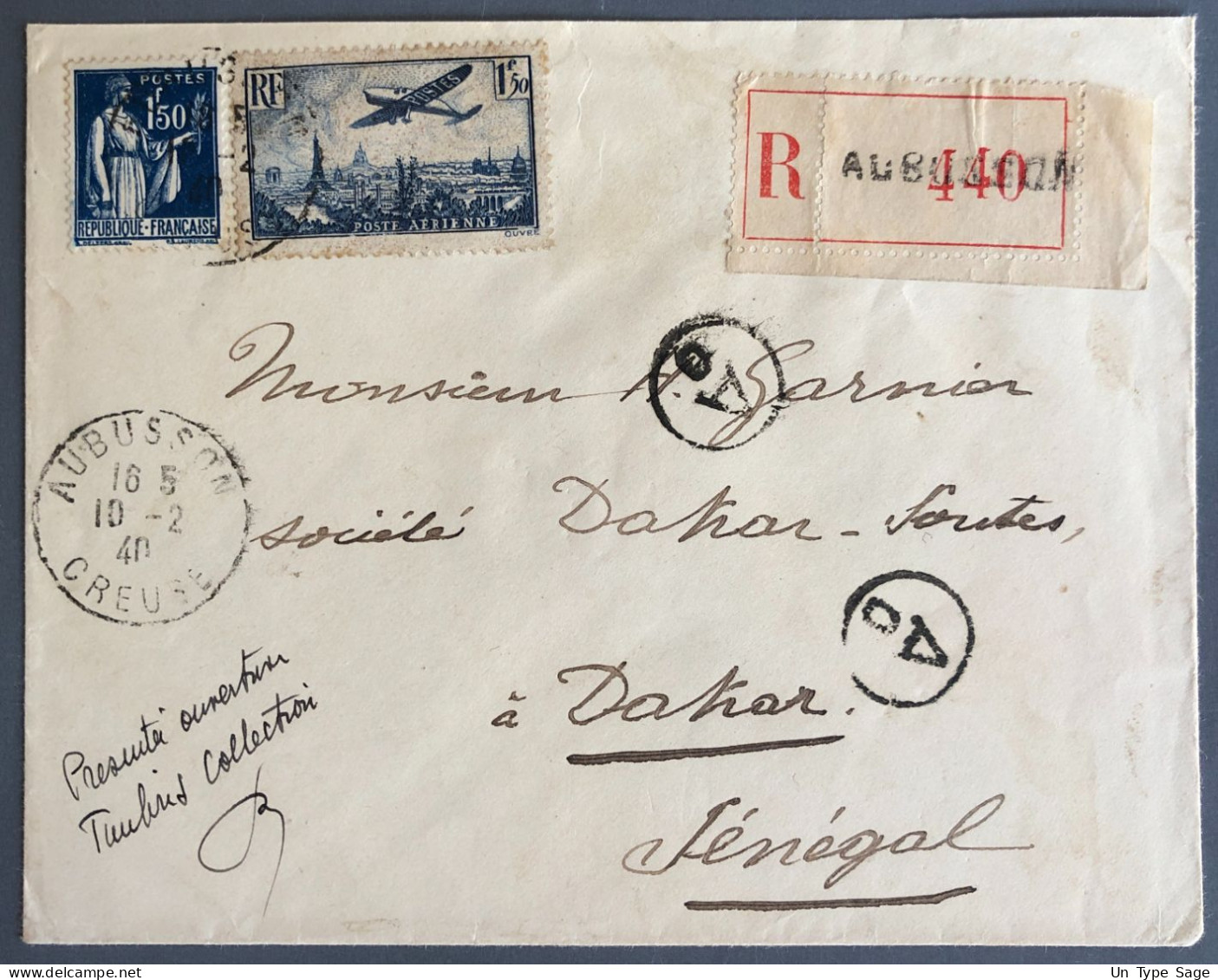 France, PA N°9 Sur Enveloppe D'Aubusson 10.2.1940 Pour Le Sénégal - (W1255) - 1927-1959 Lettres & Documents