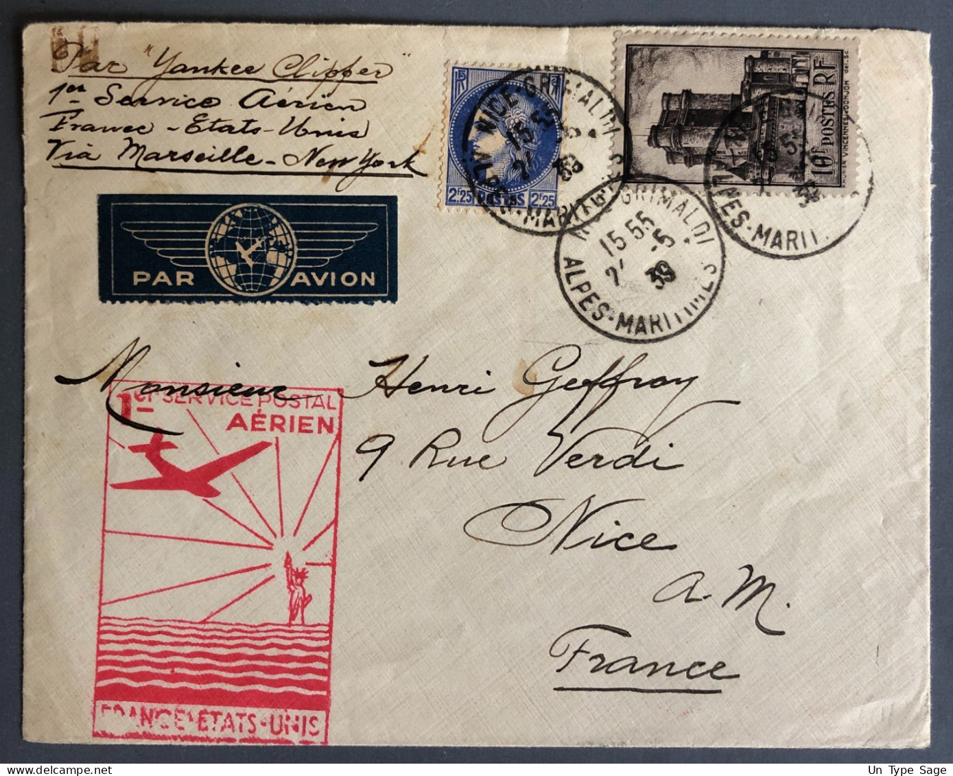 France, Premier Service Postal Aérien FRANCE ETATS-UNIS 1939 - (W1258) - First Flight Covers