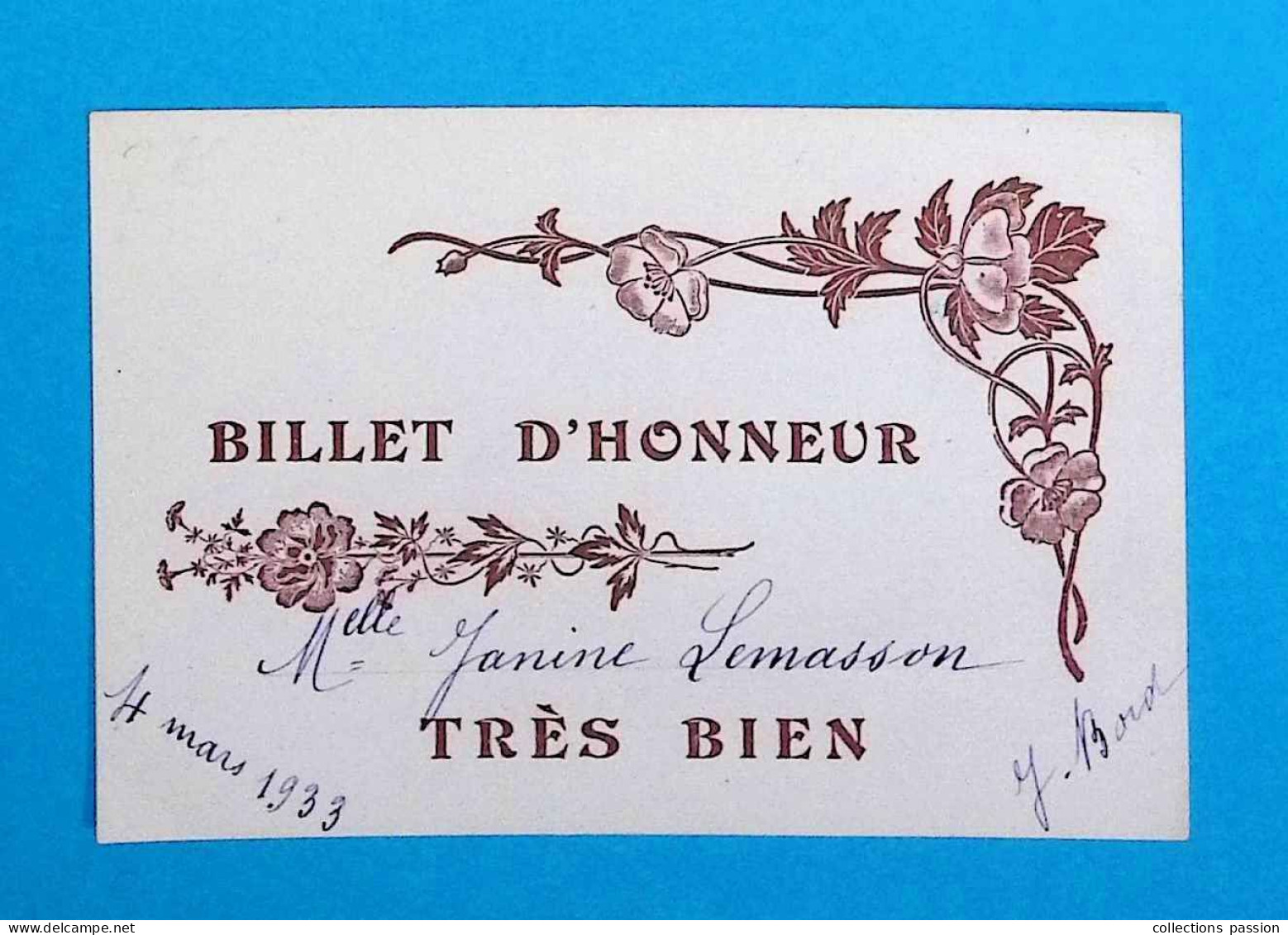 Billet D'honneur, Trés Bien, 1933 - Diplomi E Pagelle