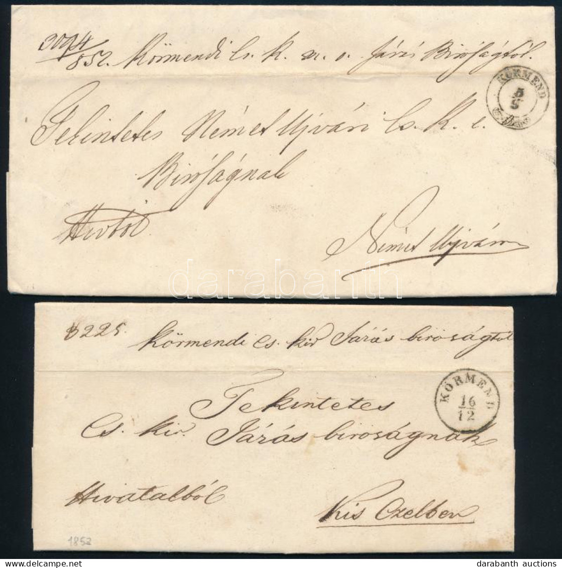 1852-1853 2 Db Hivatalos Levél Magyar Nyelvű Tartalommal, ép Viaszpecsétek "KÖRMEND" Bélyegzésekkel - Other & Unclassified