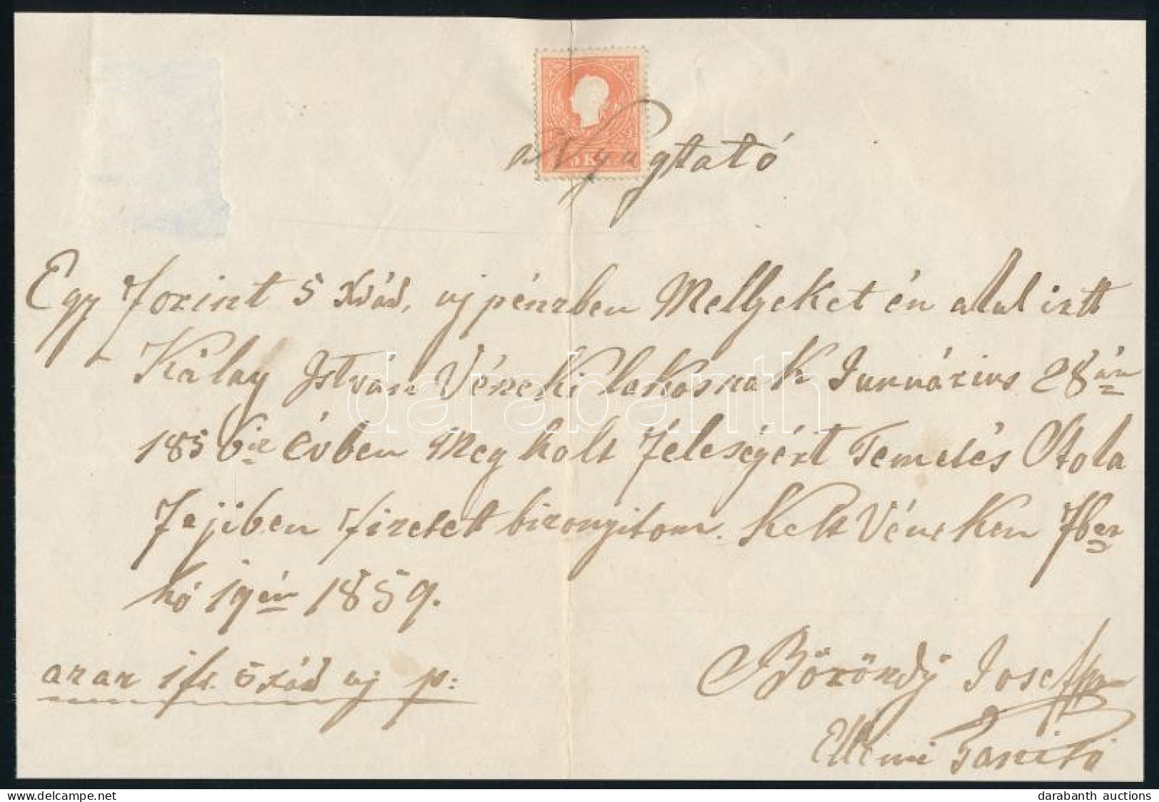 1859 5kr Nyugtán "Nyugtató" Címmel Vénekről (hajtott) / 5kr On Receipt (folded) - Autres & Non Classés