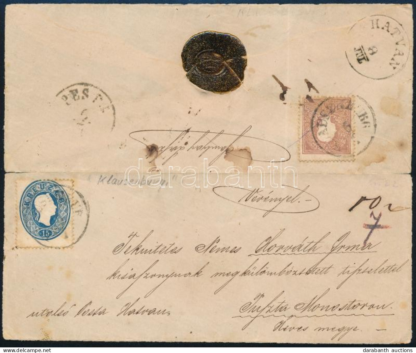 1861 1858-as 10kr (hátul) + 1861-es 15kr Vegyes Bérmentesítés Ajánlott Távolsági Levélen / 1858 10kr (backside) + 1861 1 - Other & Unclassified