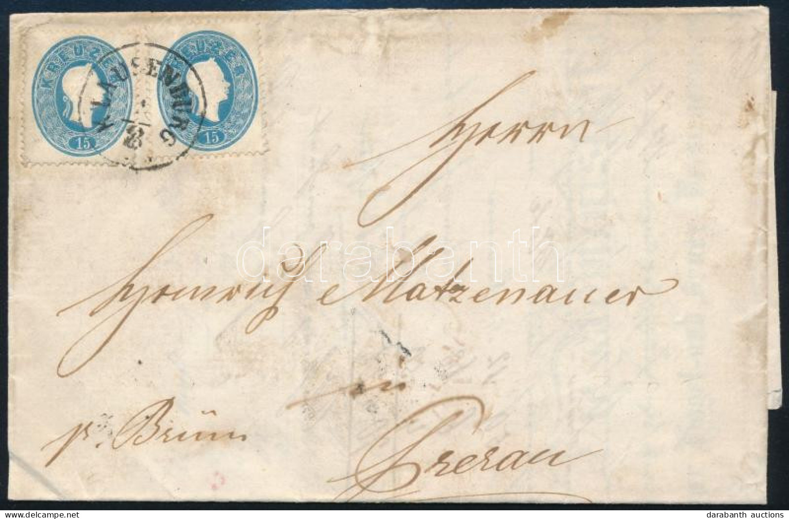 1863 2 X 15kr 2. Súlyfokozatú Távolsági Levélen Teljes Tartalommal. Eltérő Színárnyalatú Bélyegek. / 2 X 15kr On 2nd Wei - Autres & Non Classés