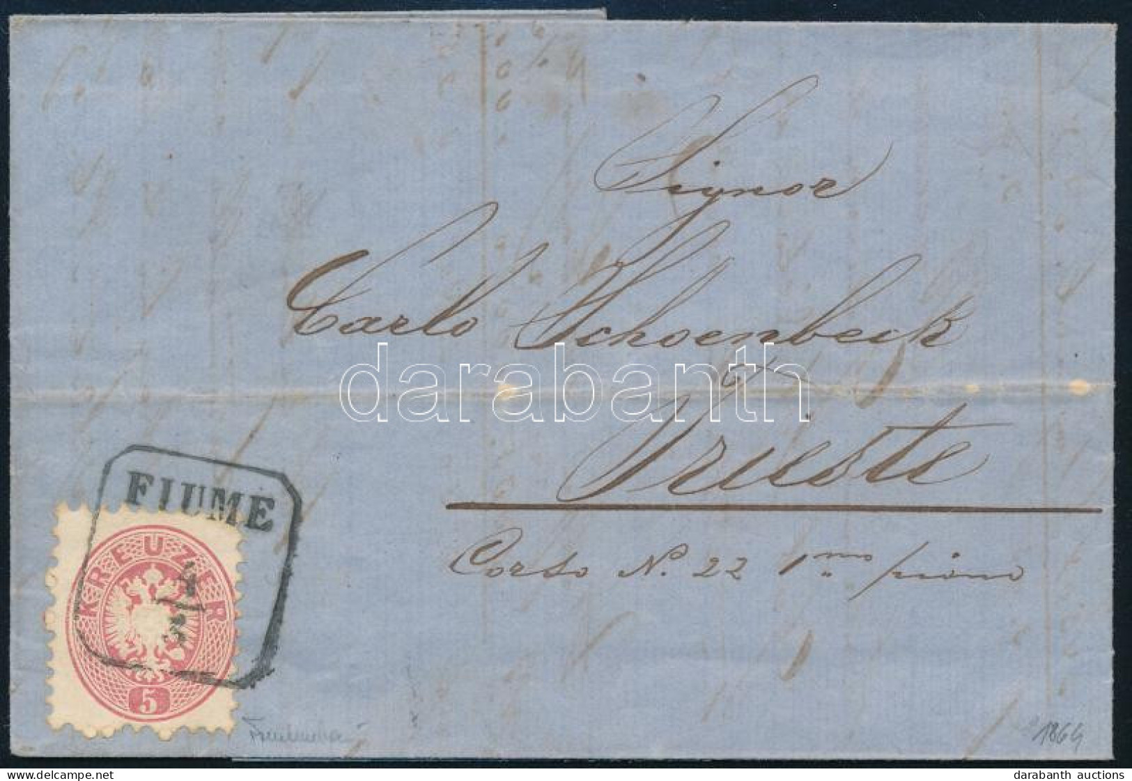 1864 5kr Levélen / On Cover "FIUME" - Trieszt. Signed: Ferchenbauer - Altri & Non Classificati