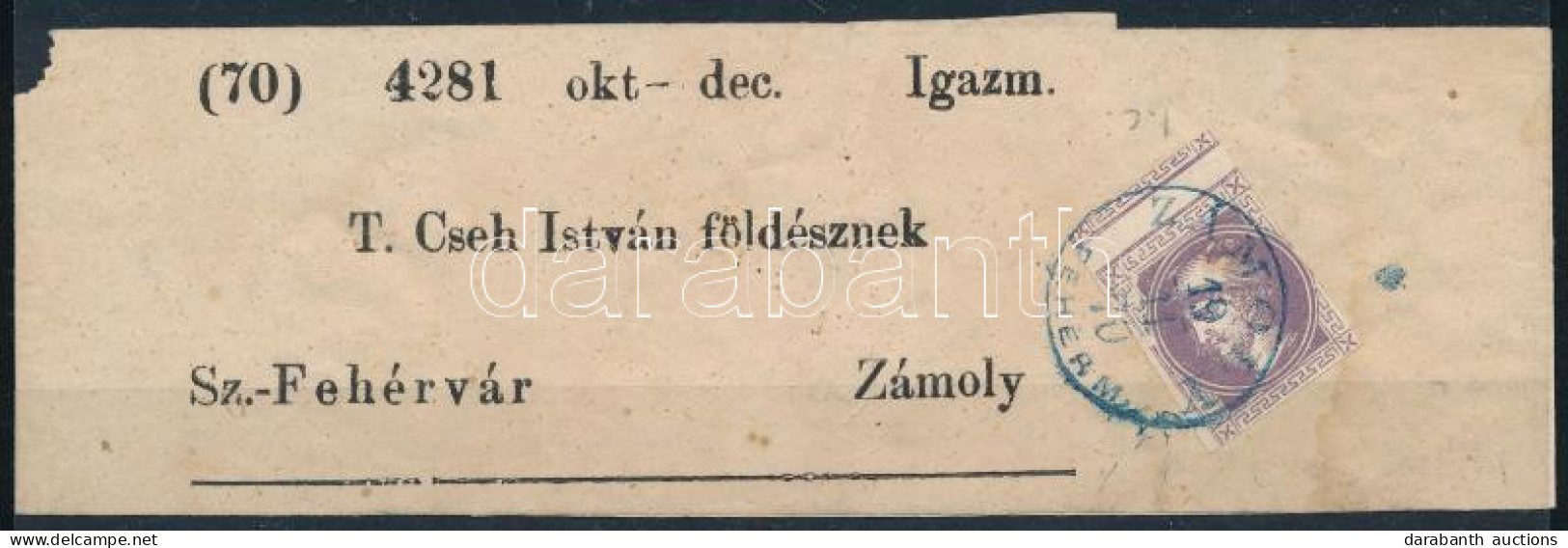 1867 Hírlapbélyeg I/c Típus Sötétlila, Teljes Címszalagon Kék Színű "ZÁMOLY / FEHÉRM." Bélyegzéssel (Gudlin 800 P) - Andere & Zonder Classificatie