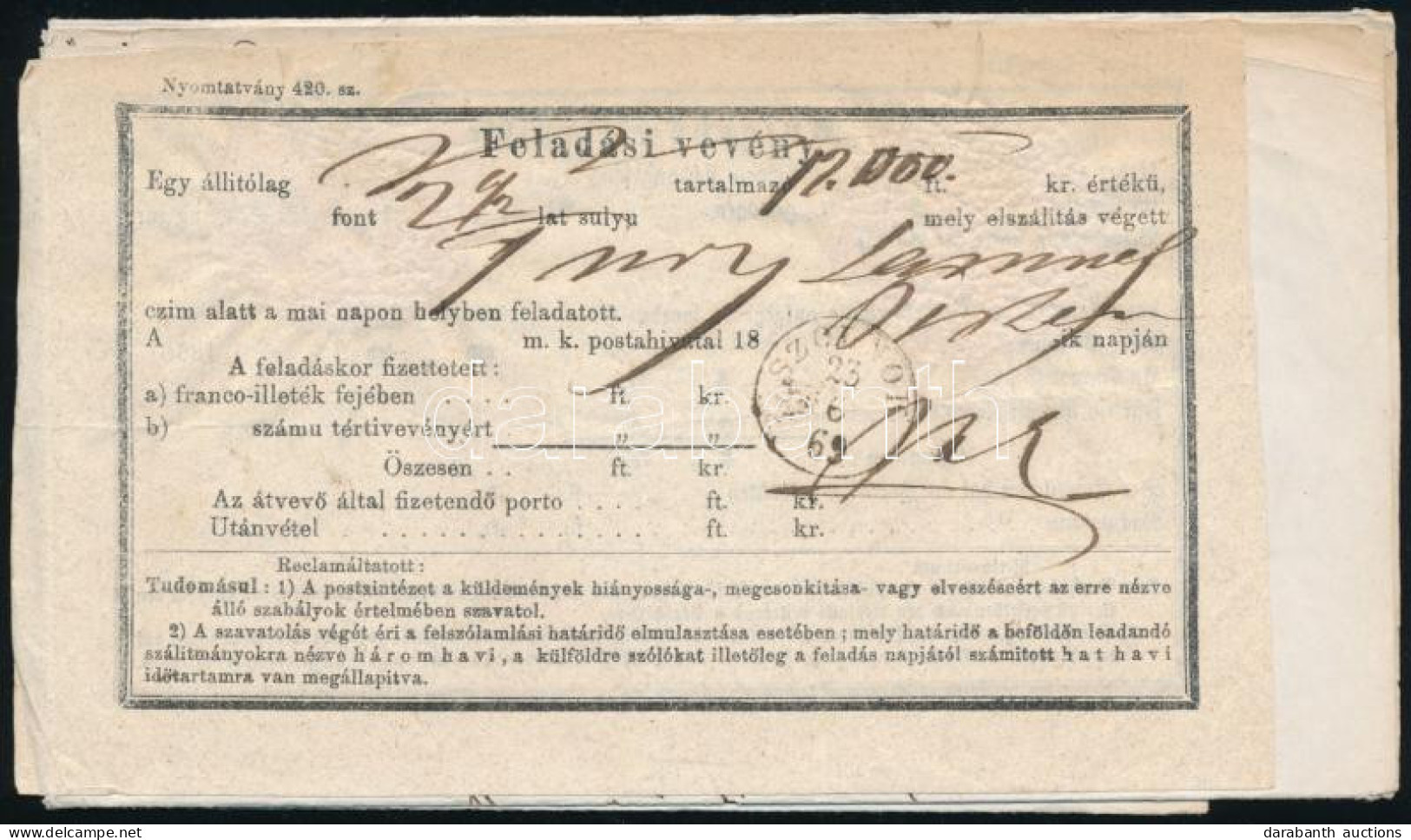 1869 Feladóvevény Okmánybélyeges Okmányra Ragasztva / Recepisse On Document - Altri & Non Classificati