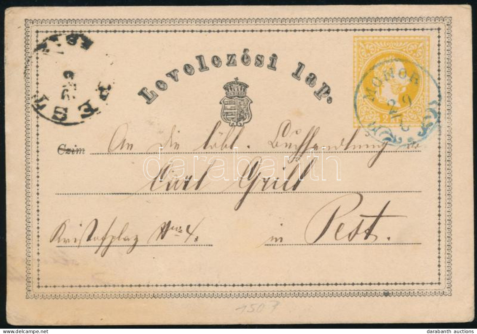1870 2kr Díjjegyes Levelezőlap / PS-card, Kék / Blue "MONOR" (Gudlin 300 P) - Sonstige & Ohne Zuordnung