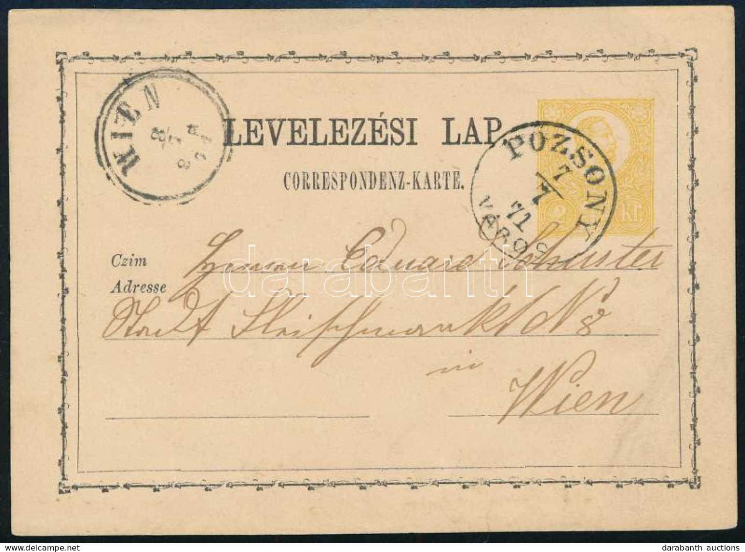 1871 2kr Díjjegyes Levelezőlap / PS-card "POZSONY VÁROS" - "WIEN" - Altri & Non Classificati