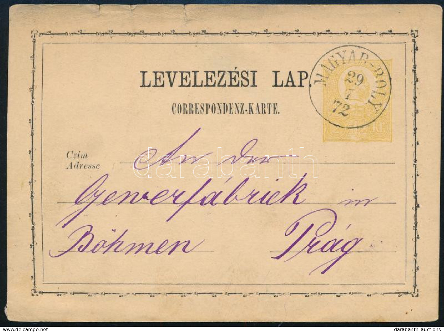 1872 2kr Díjjegyes Levelezőlap / PS-card "MAGYAR-BOLY" - Prag - Altri & Non Classificati