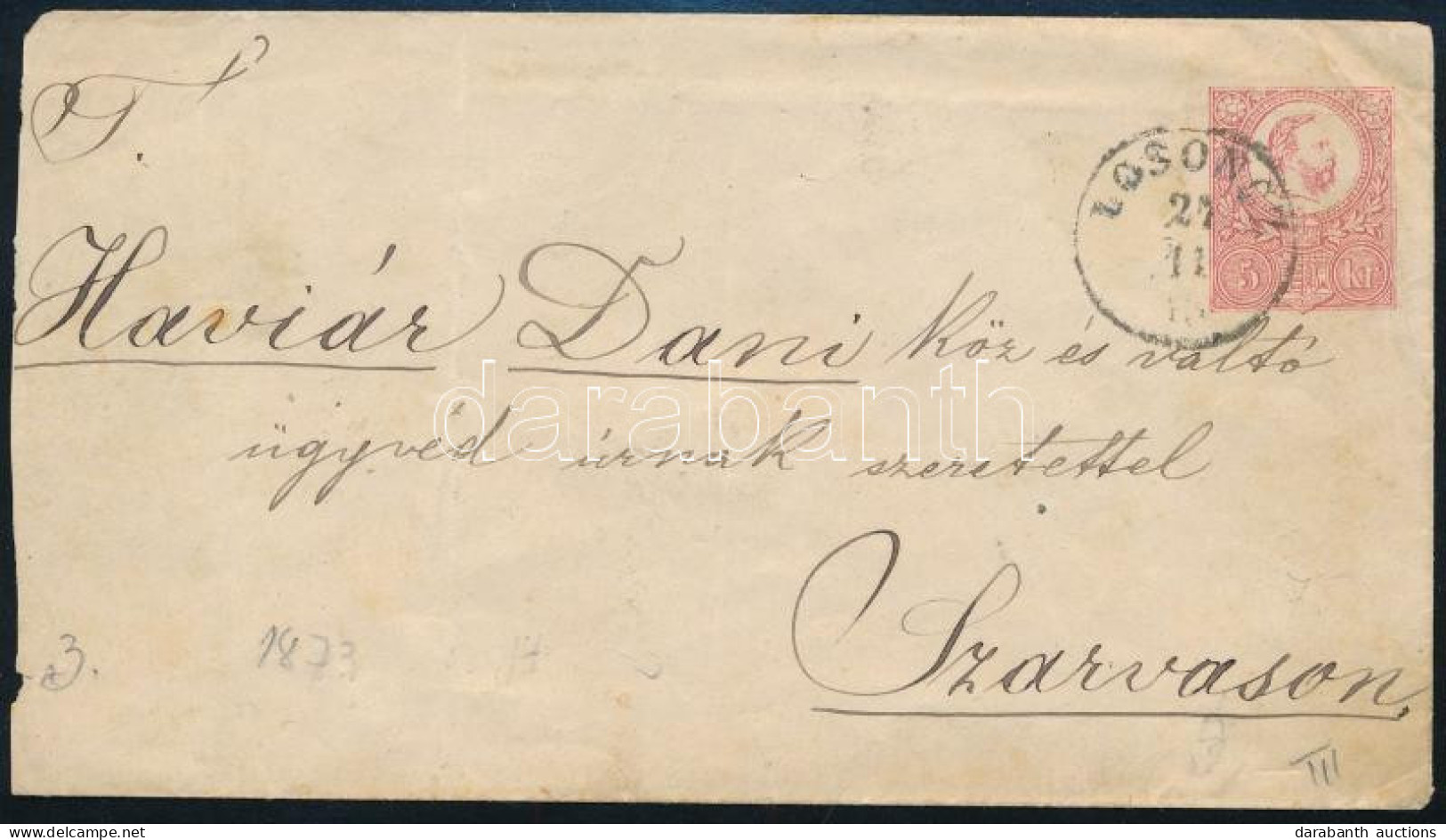 1873 5kr Díjjegyes Boríték "LOSONCZ" - Szarvas - Andere & Zonder Classificatie