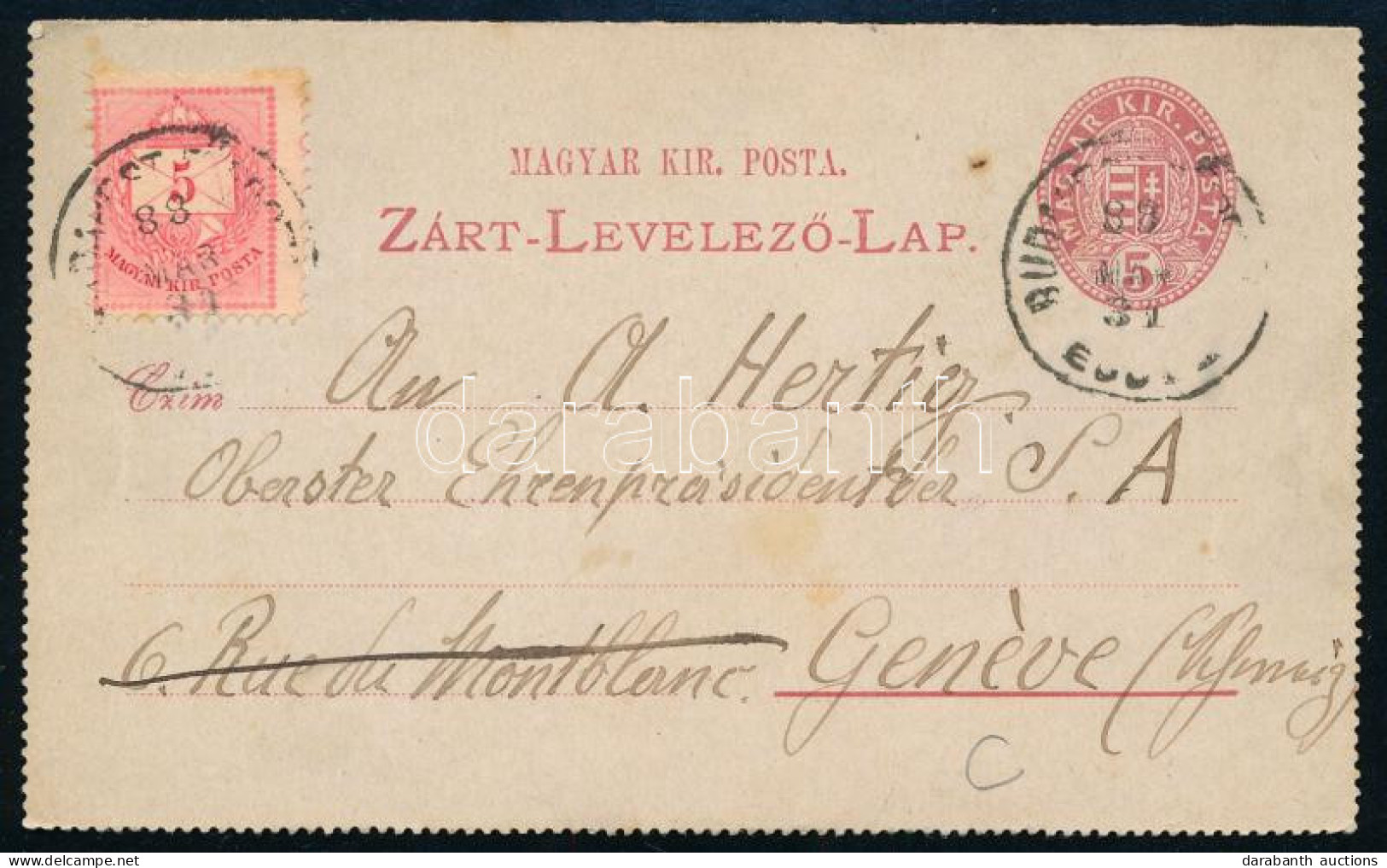 1888 5kr Díjjegyes Zárt Levelezőlap 5kr Díjkiegészítéssel Svájcba Küldve / PS-cover With 5kr Additional Franking "BUDAPE - Andere & Zonder Classificatie